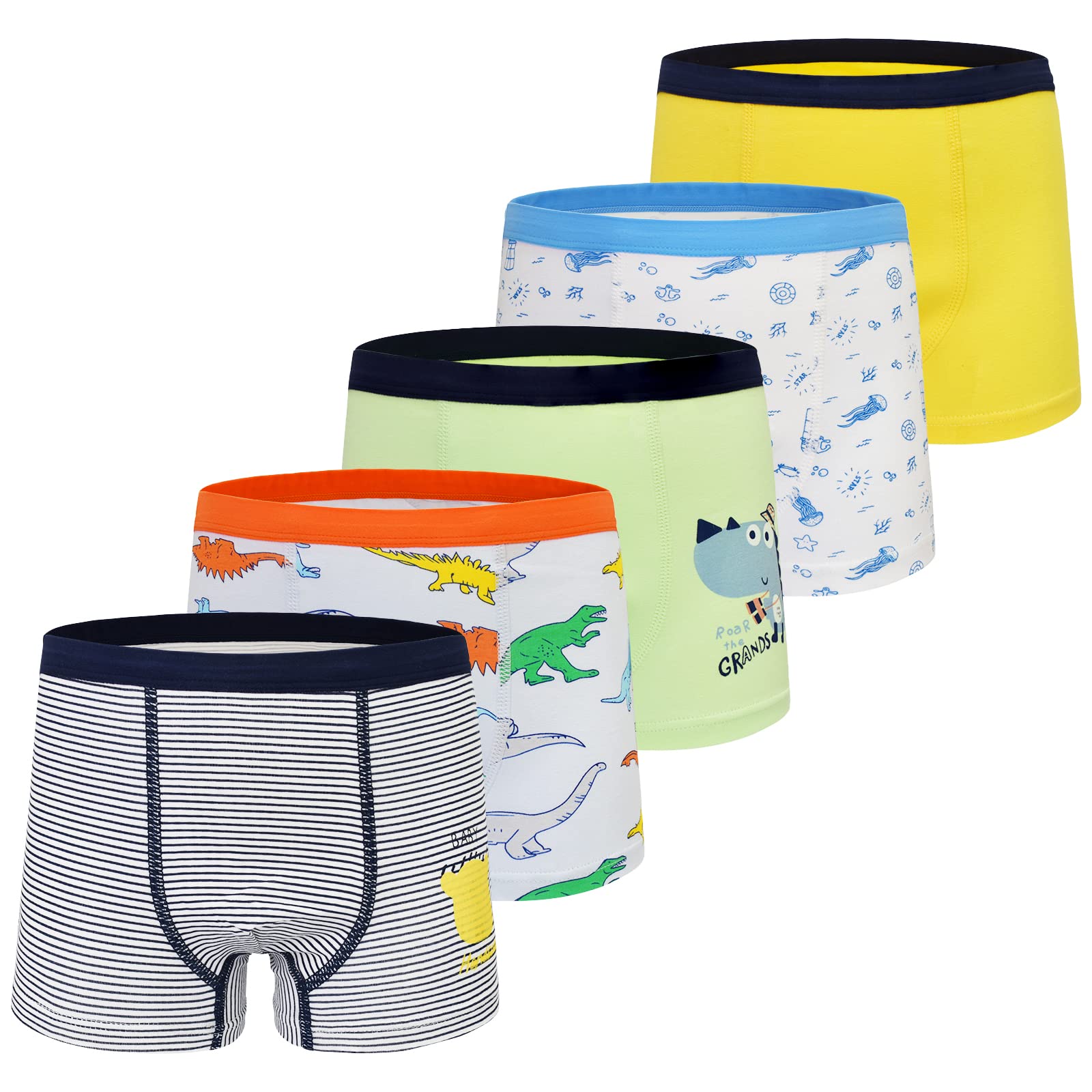 GRPSKCOS Boys Dinosaur Underwear- Pack of 5 Soft Cartoon Colorful Boxer Shorts Briefs with Fun for Kids 2-8 Years Old