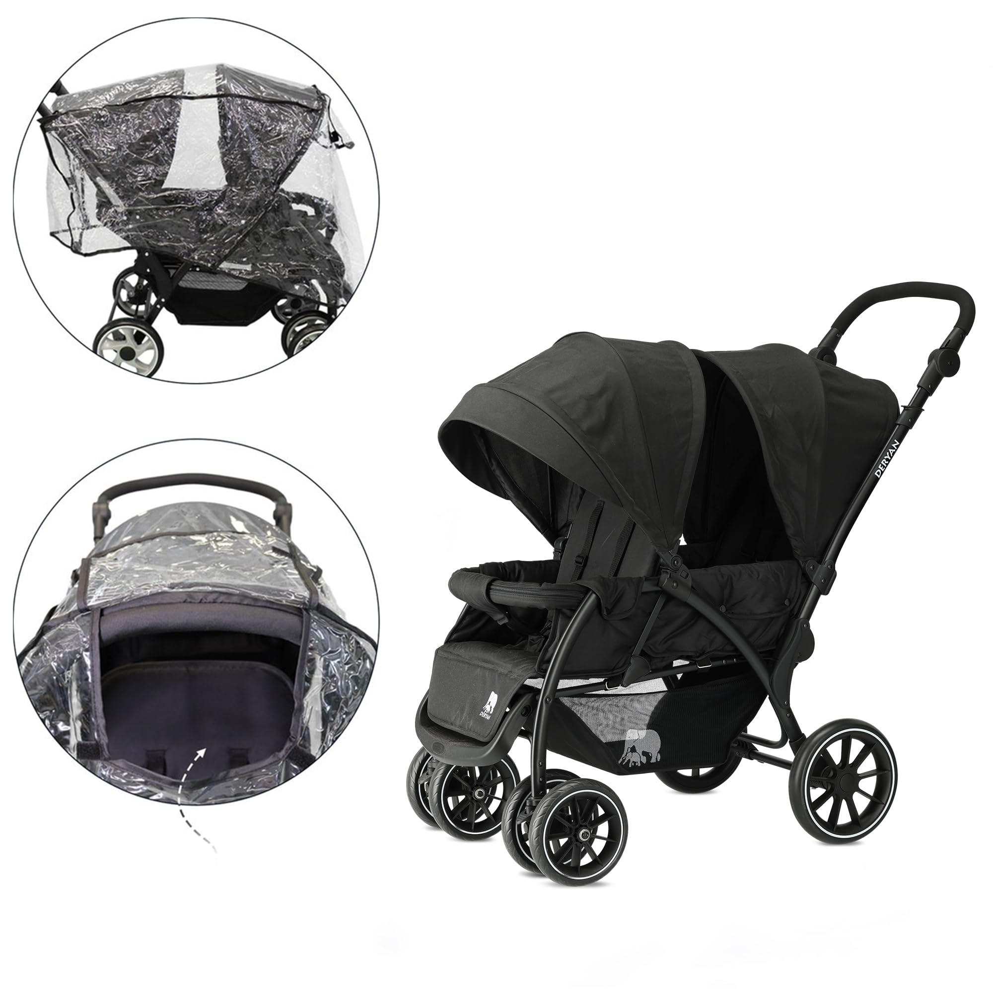 Deryan Elena Poussette Duo Tandem pour Enfants - Double Duett avec Harnais 5 points et Ajustable à 4 ans (Noir)