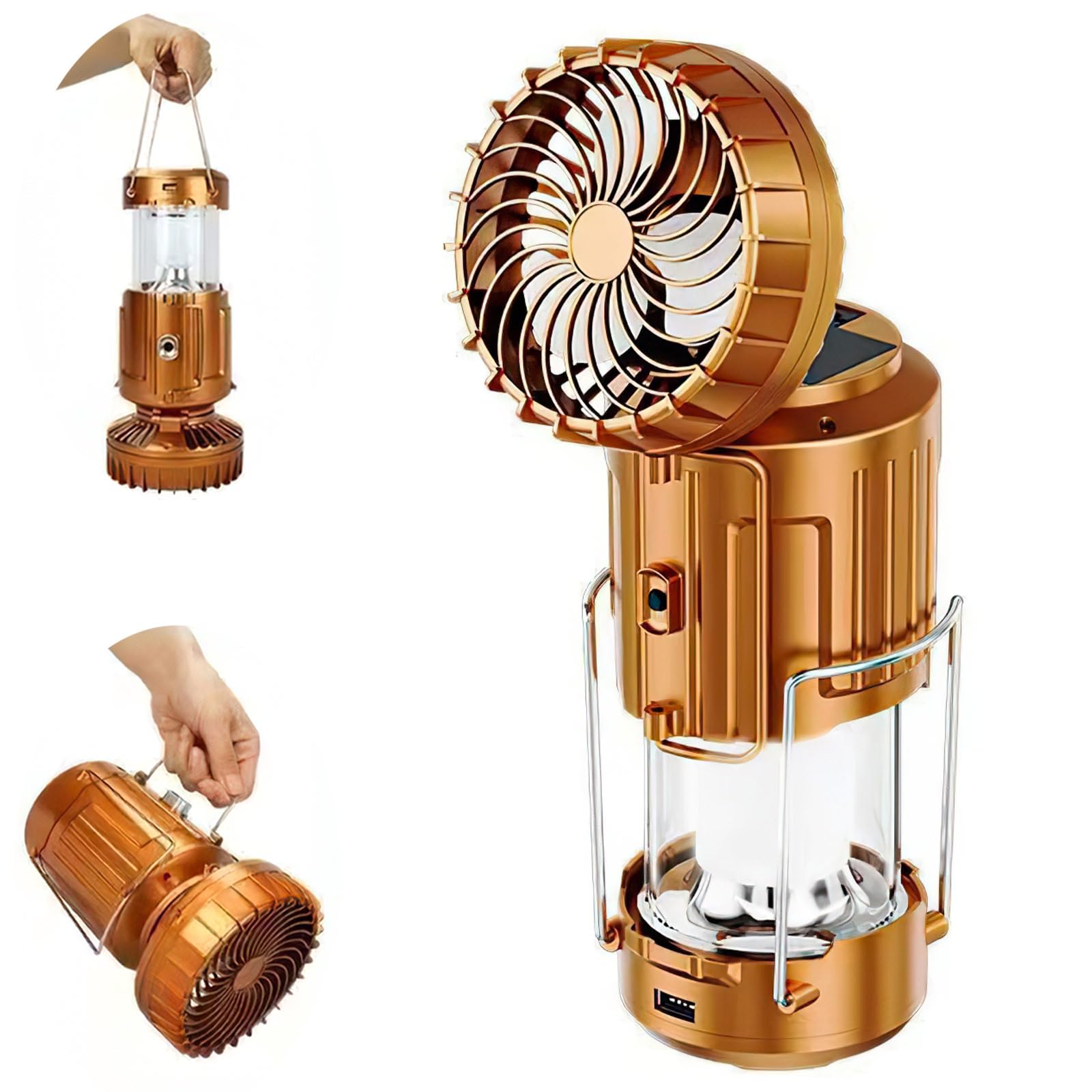 2-in-1 Solar Camping Lights with Fan,1500mah Rechargeable LED Camping Lantern with and Foldable Hook,Personal USB Desk Fan for Hurricane, Emergency, Home, Shed and More (Gold)