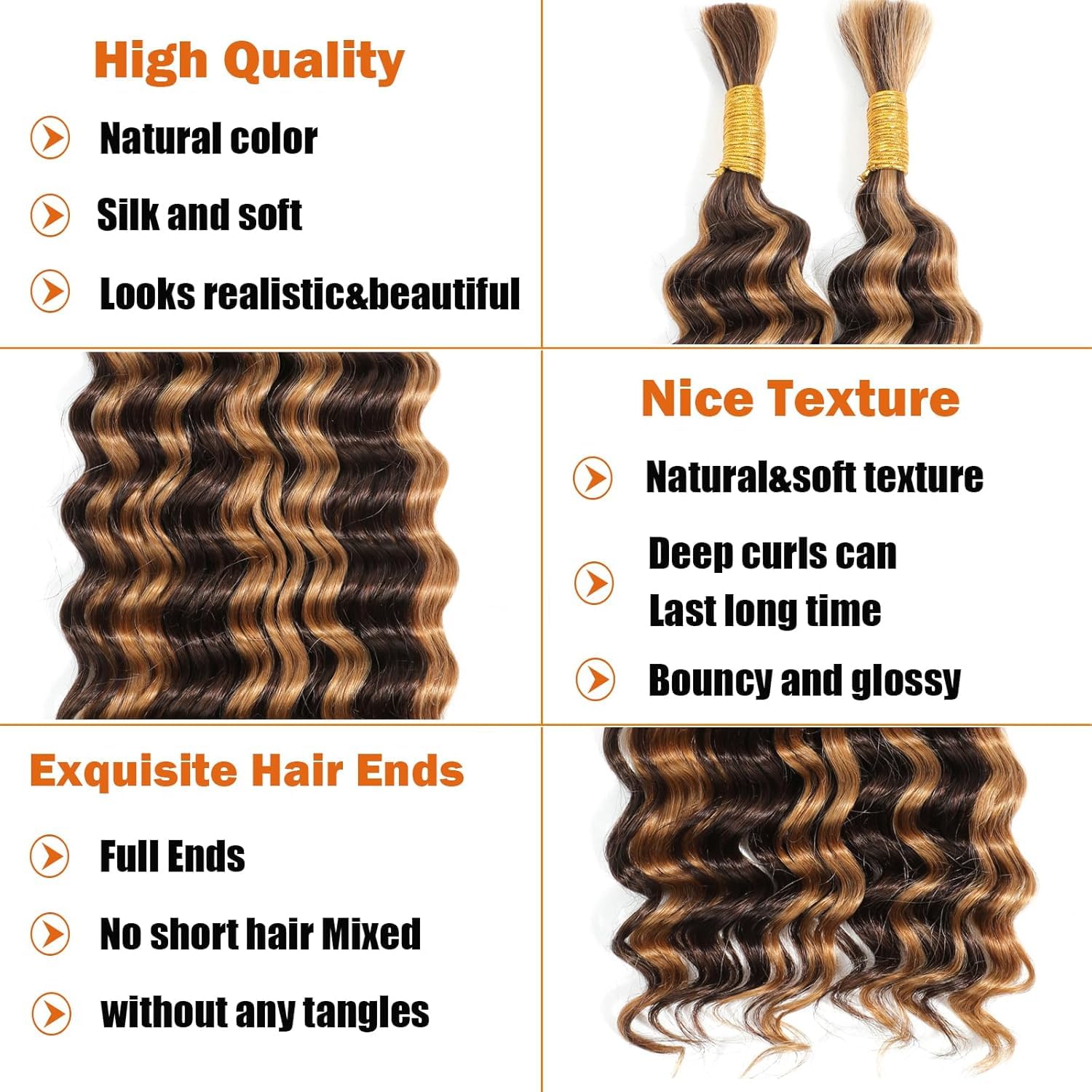 Ombre Braiding Hair 100g 20 Inch Deep Water Wave 2 Bundle Bulk Human Hair for Braiding 10A Brazilian Virgin Highlight Curly Hair Extensions for Boho Braids Wet and Wavy Honey Blonde Braiding Hair - Image 3