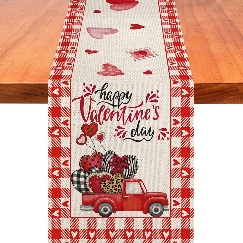 PIPISASAHappy Valentine's Day Table Runner Buffalo Plaid Spring Love Truck Table Runner Holiday Kitchen Dining Table Decor for Indoor Outdoor Home Party Decoration 13 x 72 Inch
