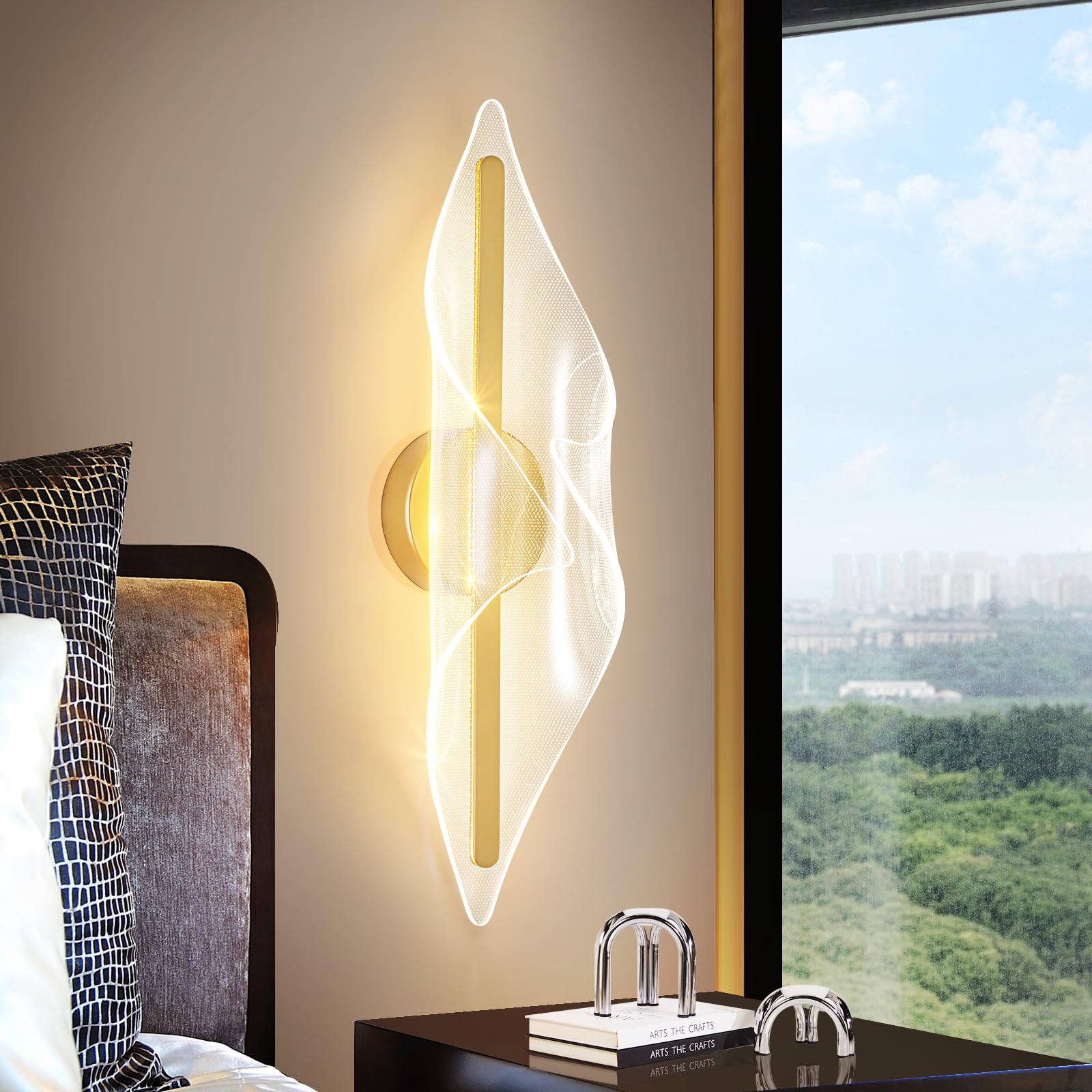 Photo 1 of Waikmdv Modern Gold Wall Sconce 17.3In LED Wall Lamp with Remote Control Dimmable Acrylic Sconces Wall Lighting for Living Room Hallway Bathroom Bedroom Stairs