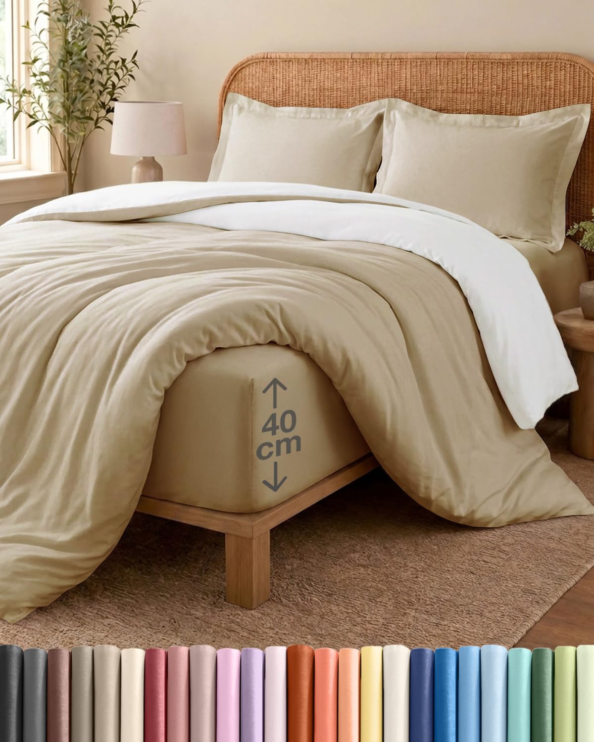 4 Piece Double Bed Cream / Antique White Duvet Cover Set - Duvet Cover & Fitted Sheet, 2 Pillowcases - 200x200cm + 135x190cm 40cm / 16" - Microfibre - Wrinkle & Fade Resistant - OEKO-TEX Certified