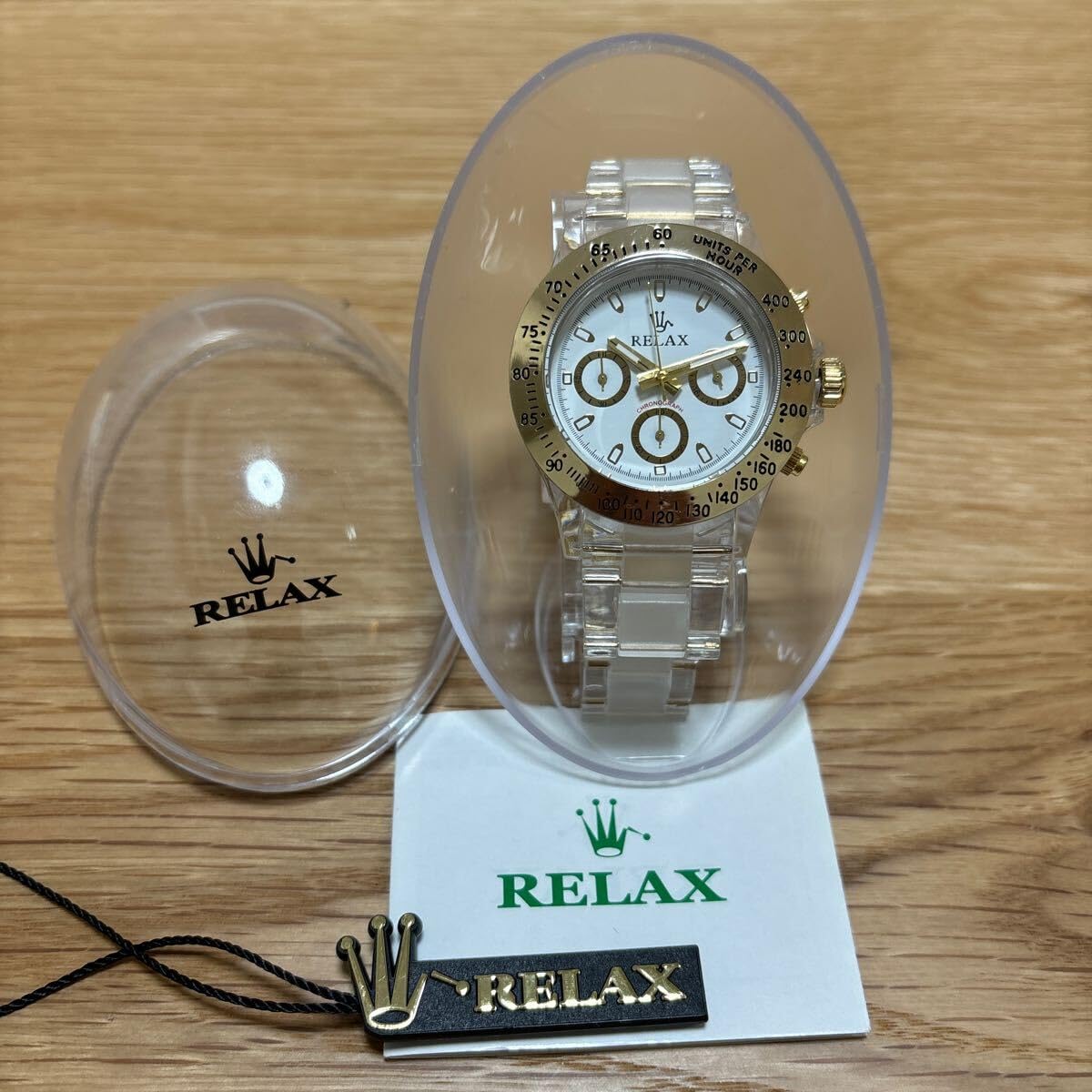 Amazon.co.jp: RELAX腕時計 王冠折れロゴ クロノ イエロー
