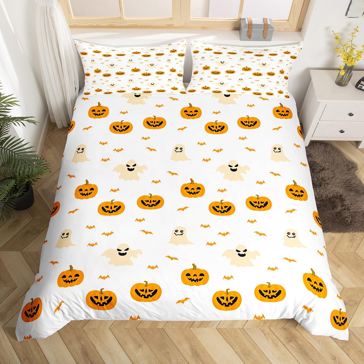 Loussiesd Kids Pumpkin Lantern Bedding Set Super King Size Halloween Duvet Cover for Boys Girls Teens Room Decorations Cute Ghost Comforter Cover Set Women Men White Bedspread Cover,No Insert