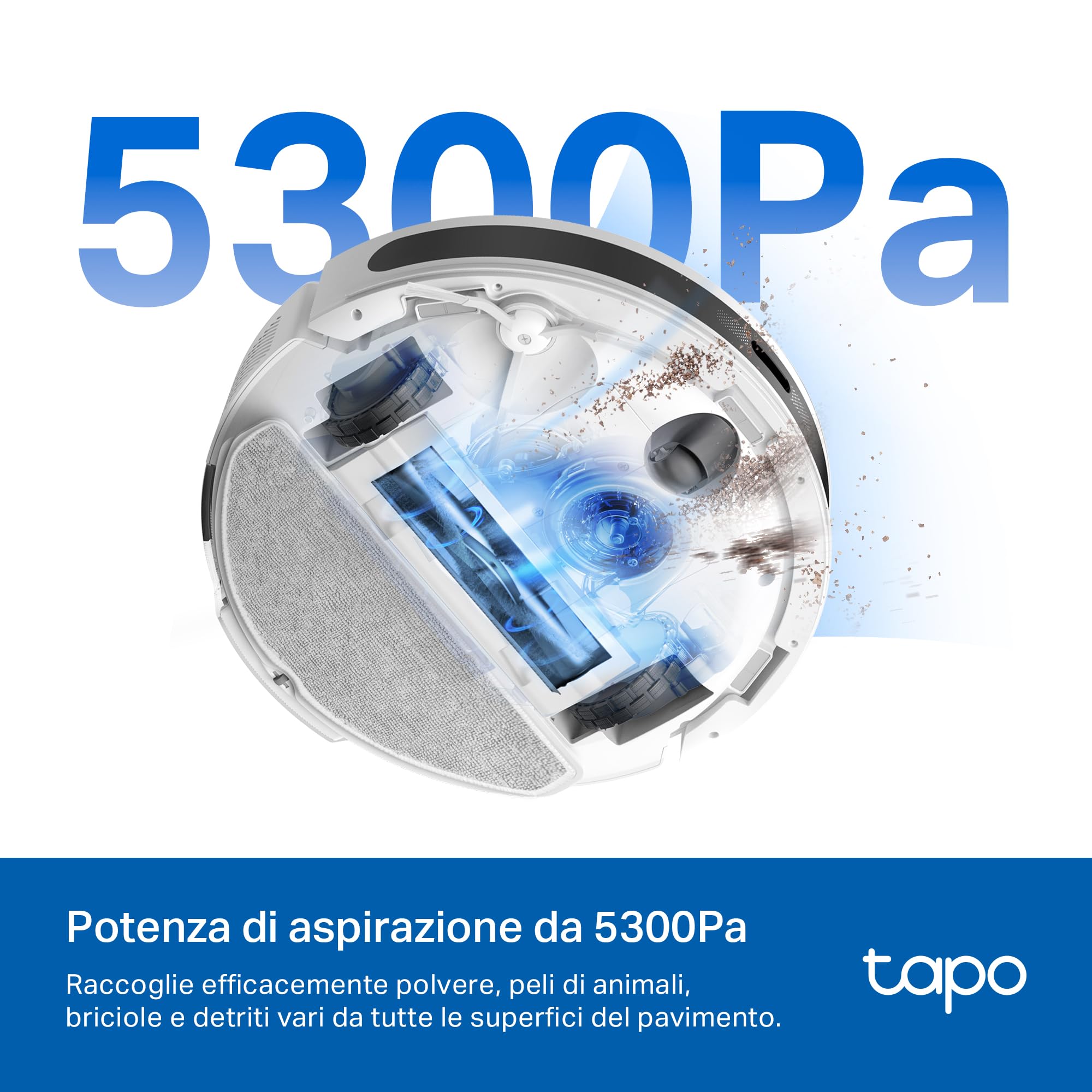 Tapo RV20 MAX Bianco Robot Aspirapolvere Lavapavimenti con Mappatura, Aspirazione 5300Pa, Navigazione LiDAR MagSlim, Zone No-Go e Muri Virtuali, Design Ultra Compatto 83mm, Controllo APP&Alexa