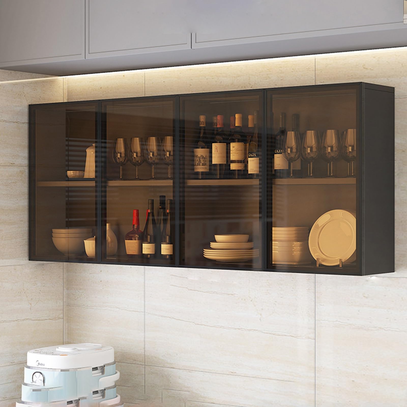 Narrow Wall-Mount Glass Display Cabinet for Bathroom & Kitchen Storage - Brown/Gray Hidden Handle Perfect for Living Room Decor & Over-The-Toilet Space-Saving Solution