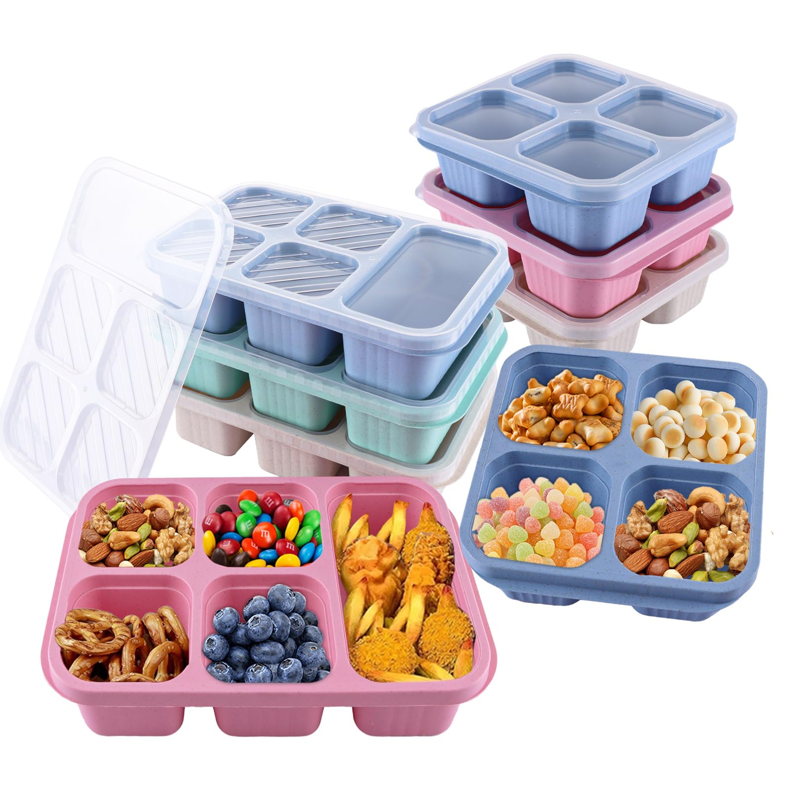 ZOFUN 8 Pcs Bento Lunch Boxes, 16.5/23.5 x 15.5 cm 4 & 5 Compartment Lunch Box, 4 Colours Reusable Bento Boxes for Home School Work Picnics Travel (Beige/Blue/Pink/Green)