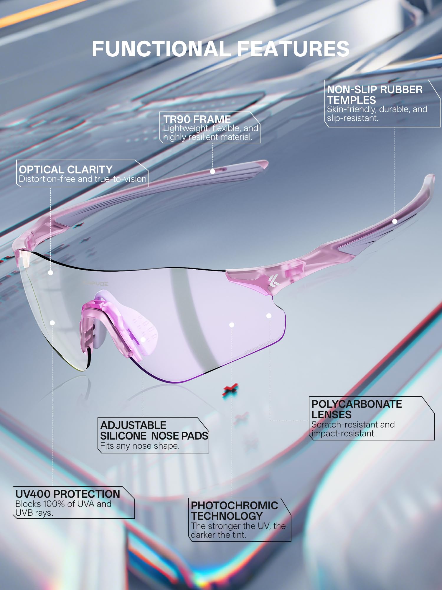 KAPVOE Gafas de Sol Deportivas Fotocromáticas para Hombre Mujer, Gafas UV400 sin Marco 22g con Almohadilla Nasal de Silicona Ajustable, Running Ciclismo Béisbol Conducción K108