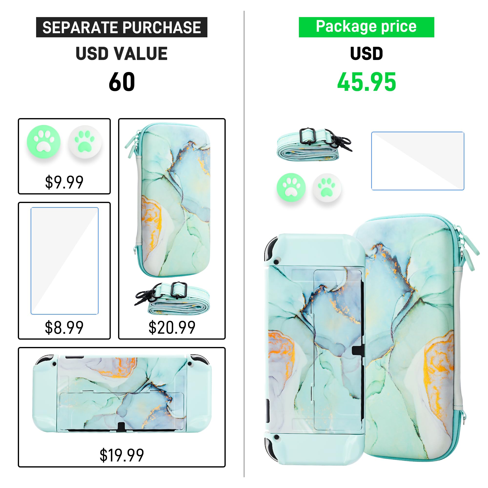 FANPL Set di custodie per Nintendo Switch OLED, custodia da trasporto per Switch OLED e Joy Con con custodia protettiva flip e pellicola protettiva, 4 impugnature per pollice, tracolla - marmo verde