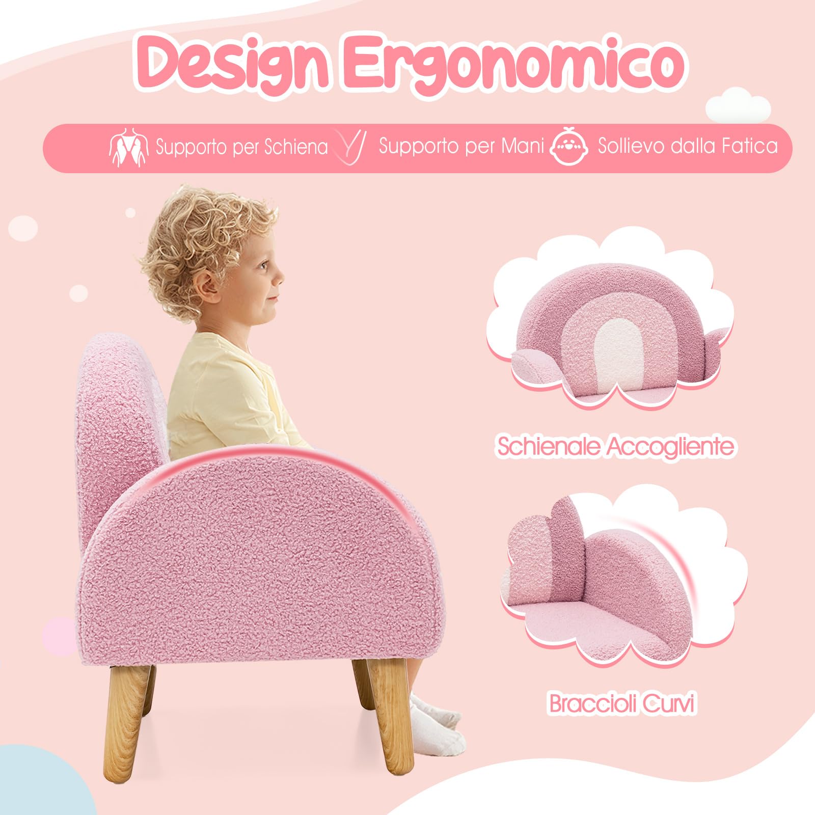 RELAX4LIFE Poltrona per Bambini, Divano per Bambini in Tessuto di Velluto con Imbottitura in Schiuma, Sedia per Bambini in Legno per Sala Giochi, Camera da Letto, Soggiorno (ROSA)
