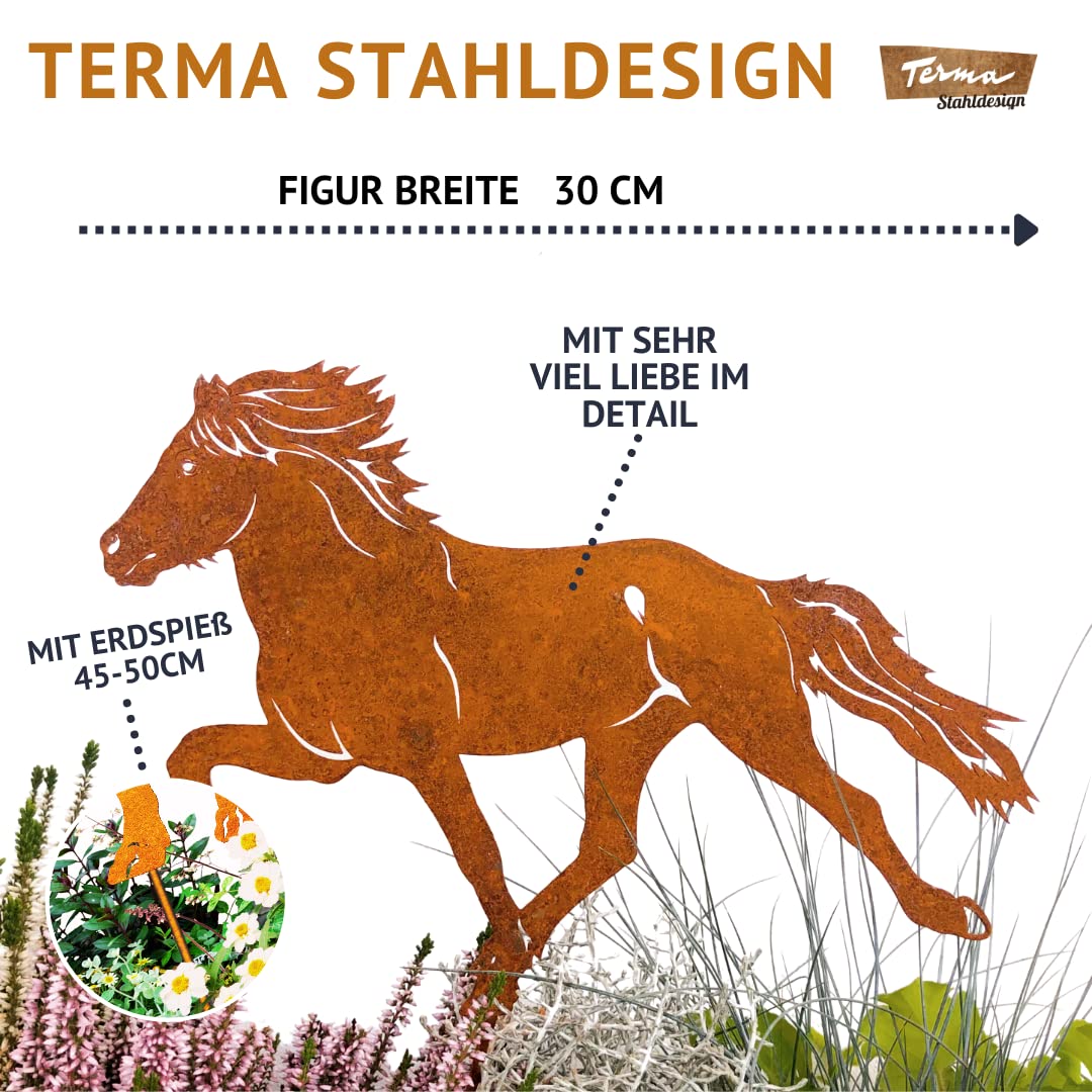 Terma Handgemachter Gartenstecker Isländer – Islandpferd aus Roststahl 30 cm – Metallfigur 45 cm hoch mit Spieß – Pferde Deko für Garten & Hof