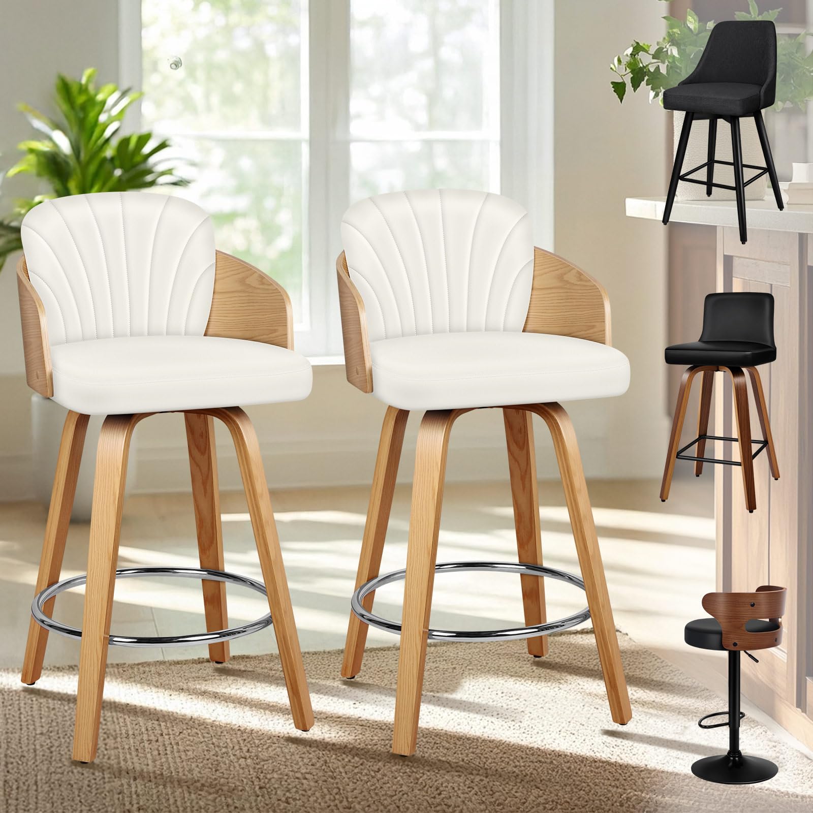 ALFORDSON Bar Stools Set of 2, 66CM Counter Height PU Leather Upholstered Swivel Barstools with Cushion Backrest and Armrests, Wood legs Kitchen Chair for Kitchen Island, Dining Room, Pub, Cafe, White