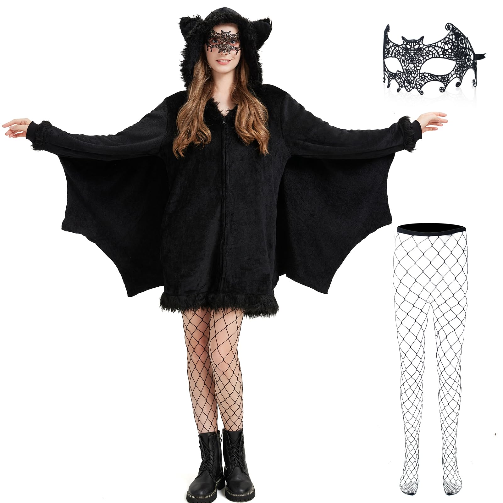 Black Bat Costume for Women, Halloween Cosplay Costumes, Bat Eye Mask, Stockings, Cape