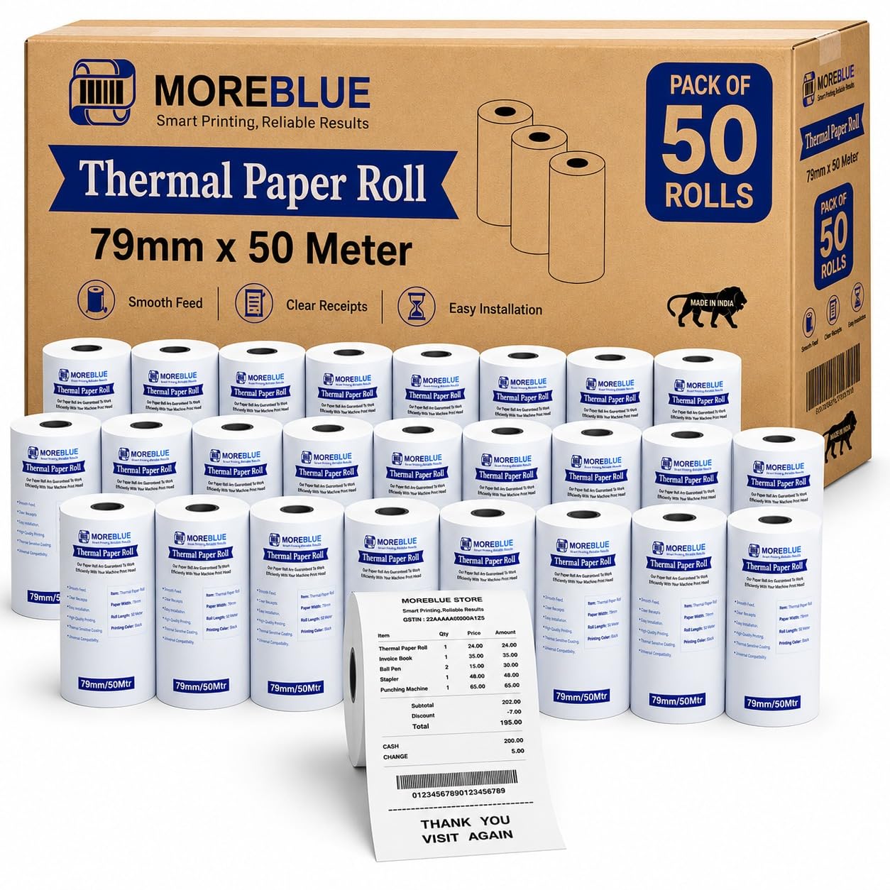 MOREBLUE® Pack of 50 79mm x 50m Direct Thermal Receipt Paper Rolls, Premium Ink-Free POS Billing Rolls for Credit Machines, Food Billing, ATM & Petrol Pump Receipts