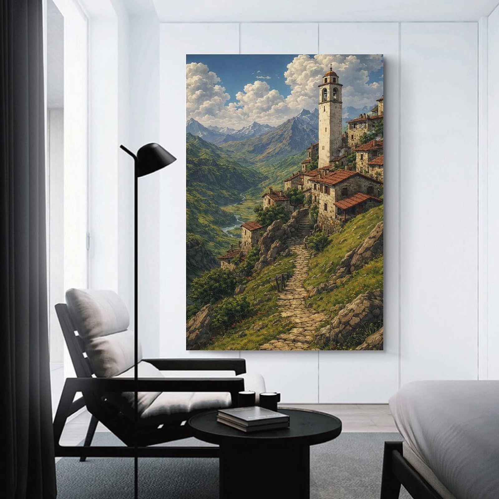 Junmoney Medieval Mountain Village Home Decor Wall Art, 24x36inch(60x90cm), for Apartments, Flats Or New Home Decor, An Easy Choice for New Home Styling