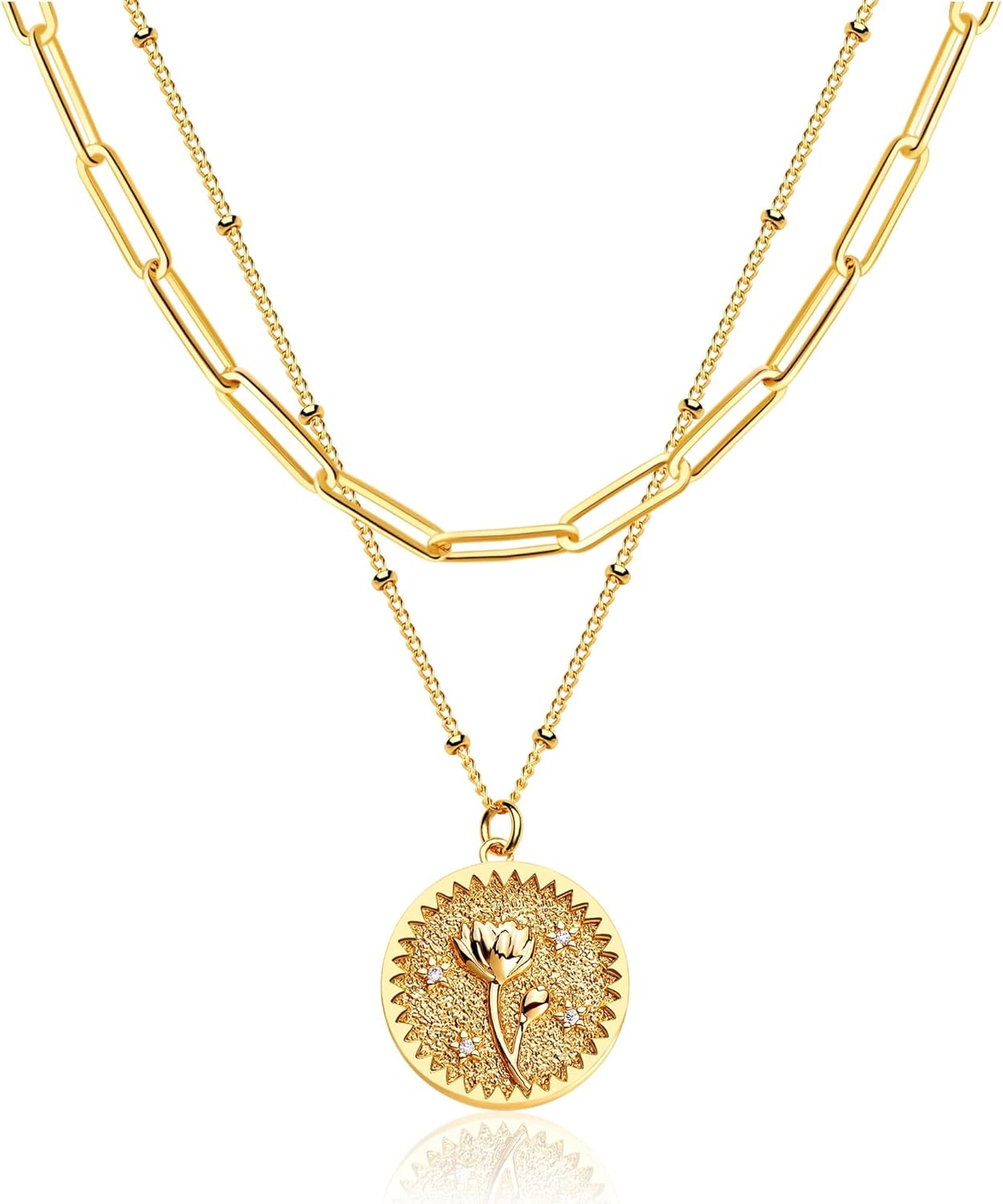 GDCOIN Layered Birth Flower Necklace for Women 18K Gold Plated Double Layered Engraved Custom Floral Pendant Necklaces Dainty Birth Month Flower Disc Coin Necklace Personalized Jewelry