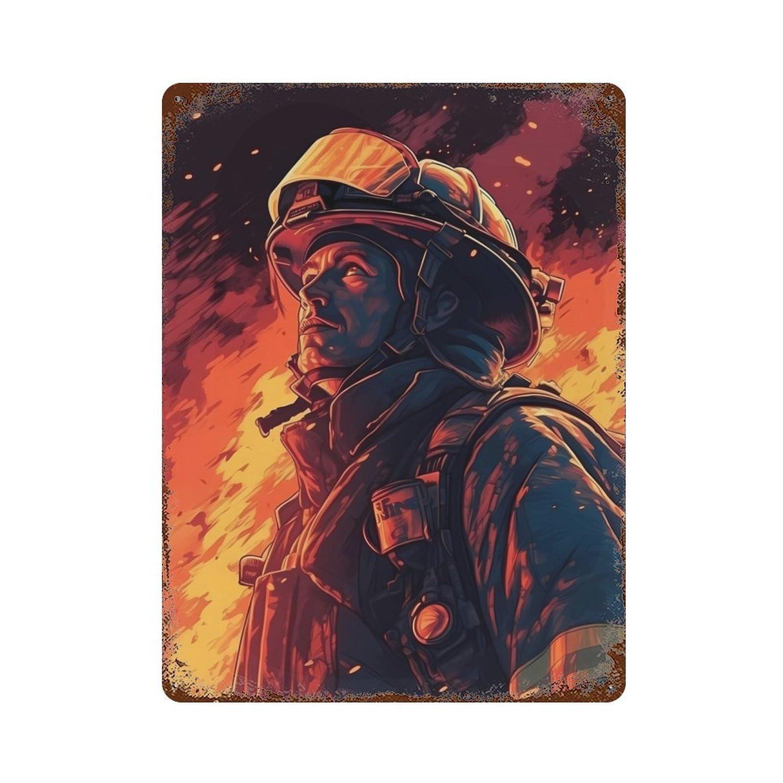Retro Metal Sign with Firefighter Drawing Design 15.7"x11.8", for Pub, Kitchen And Man Cave Decor, Rustic Home Decor