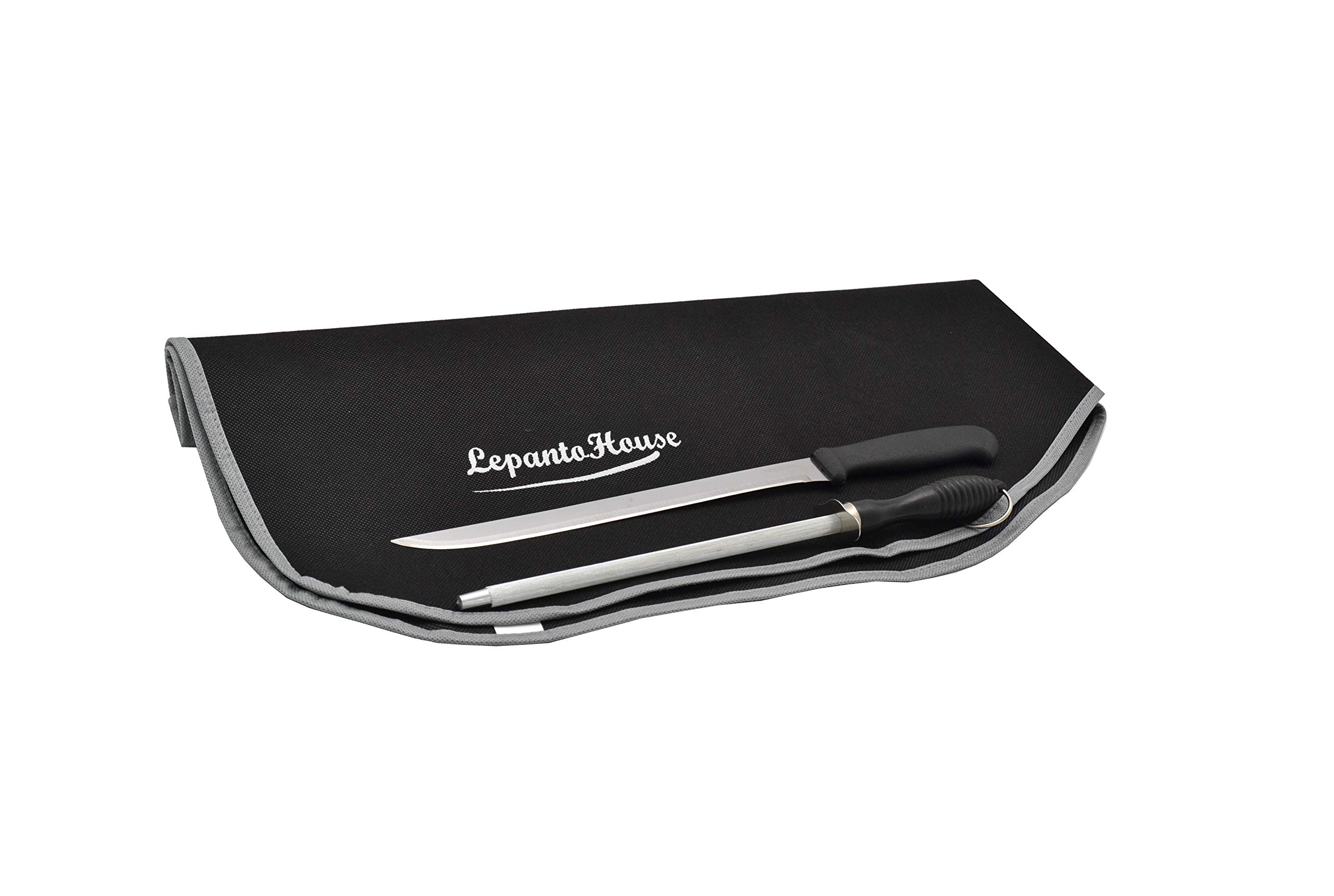 LEPANTO Jamonero Plegable Oscuro mas Set de Corte con Cuchillo, chaira y Cubre jamón, Soporte jamonero para Jamónes y Paletillas.