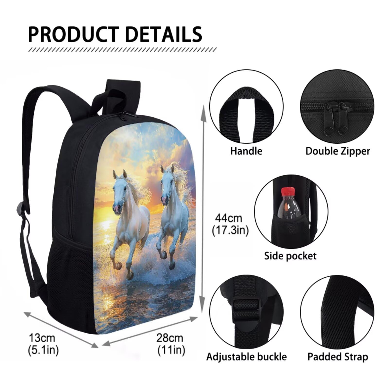 Juegos de mochilas escolares para niños con lonchera y botella de agua, mochila de viaje para niños y niñas, Estampado de caballo, Talla única