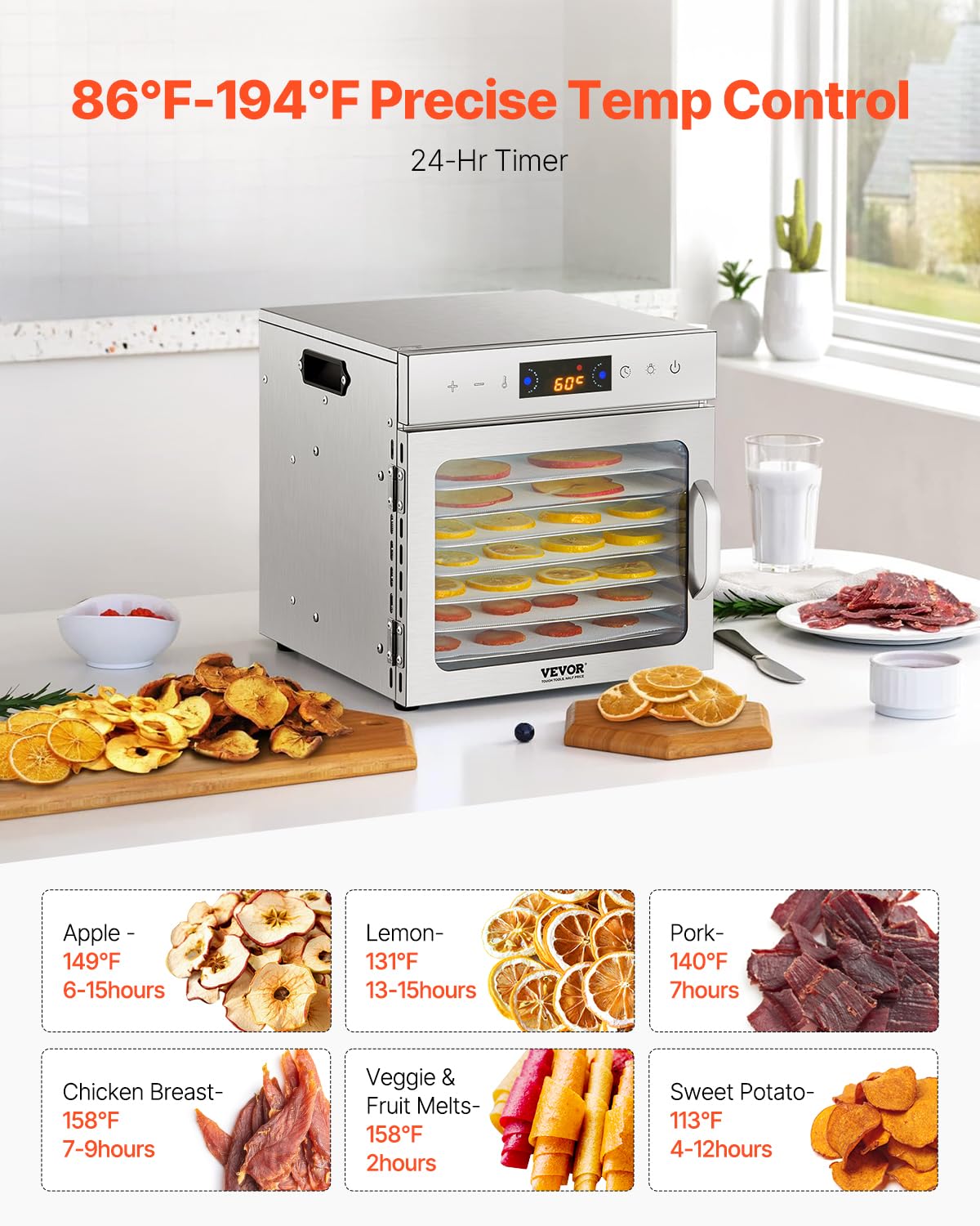 VEVOR Suszarka do żywności 8 tacek ze stali nierdzewnej, elektryczna suszarka do żywności 400 W regulowana temperatura suszonego mięsa, owoce, warzywa, zioła aromatyczne, smakołyki dla psów