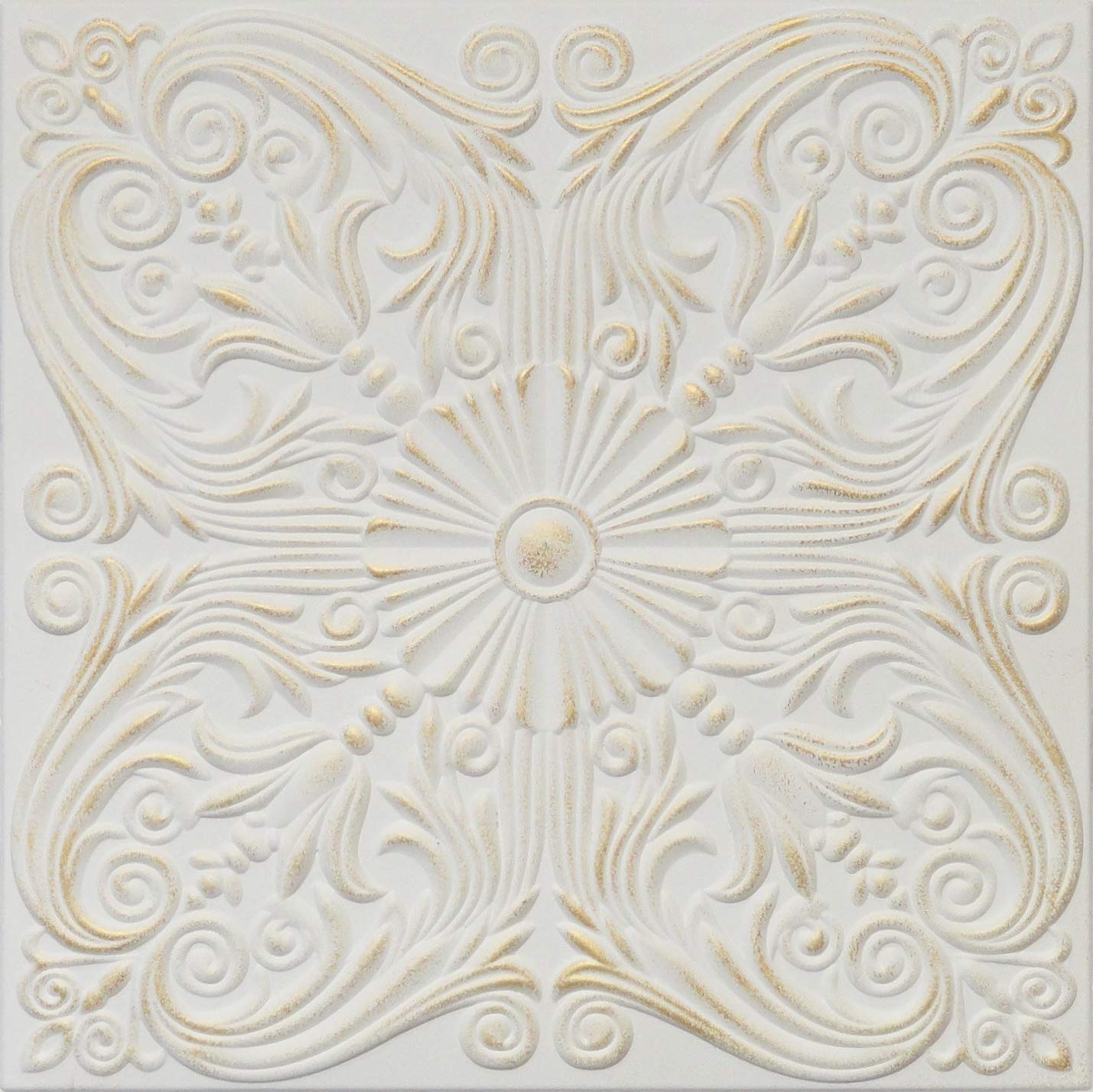 R39A White Satin Washed Gold 20x20 Amazing Styrofoam Tin Look Ceiling Tiles Easy to Glue Up On Any Type of Surface