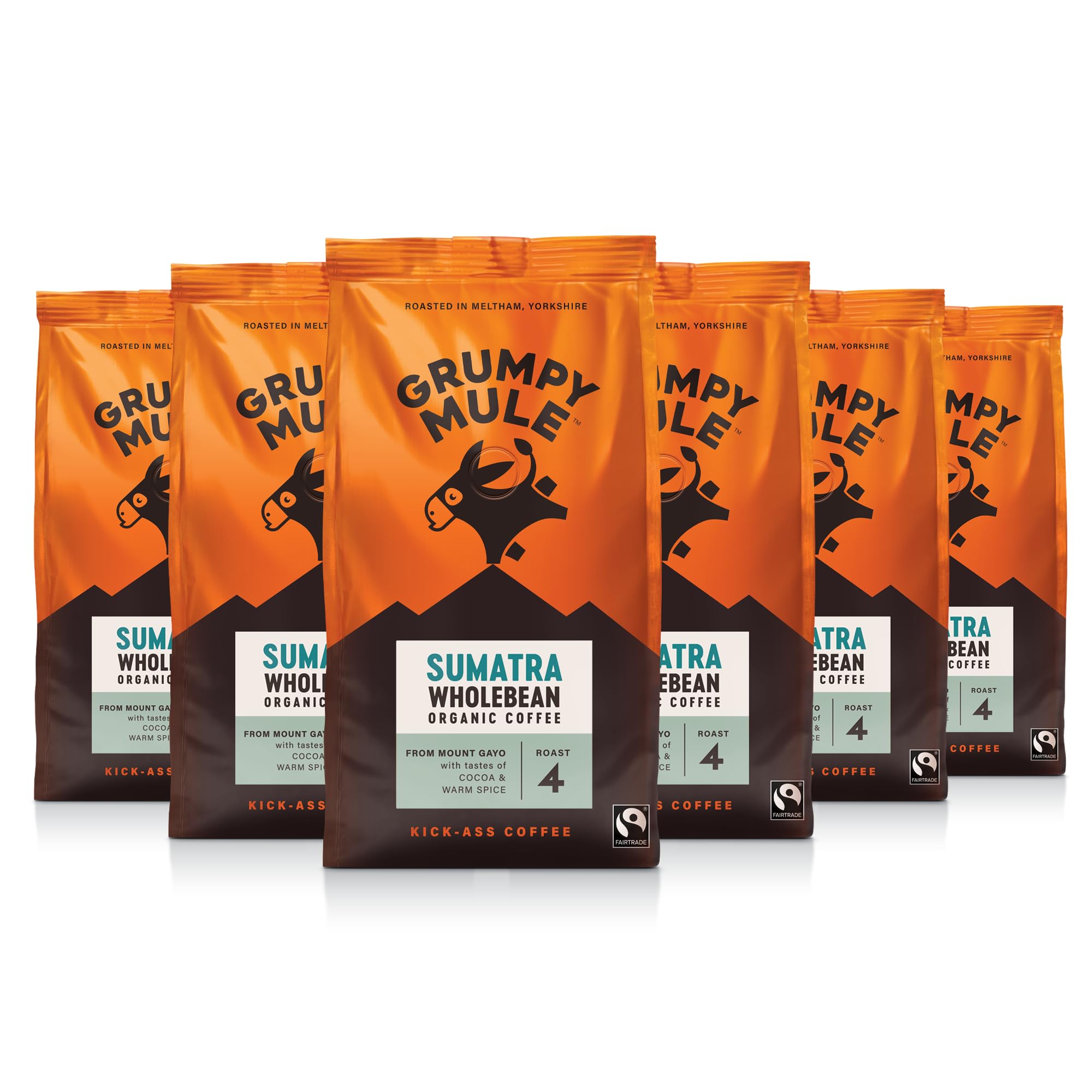 Grumpy Mule Sumatra Mount Gayo Organic (Whole Coffee Beans) with notes of Cocoa and Warm Spice 200g (Pack of 6 - Total 1.2kg)