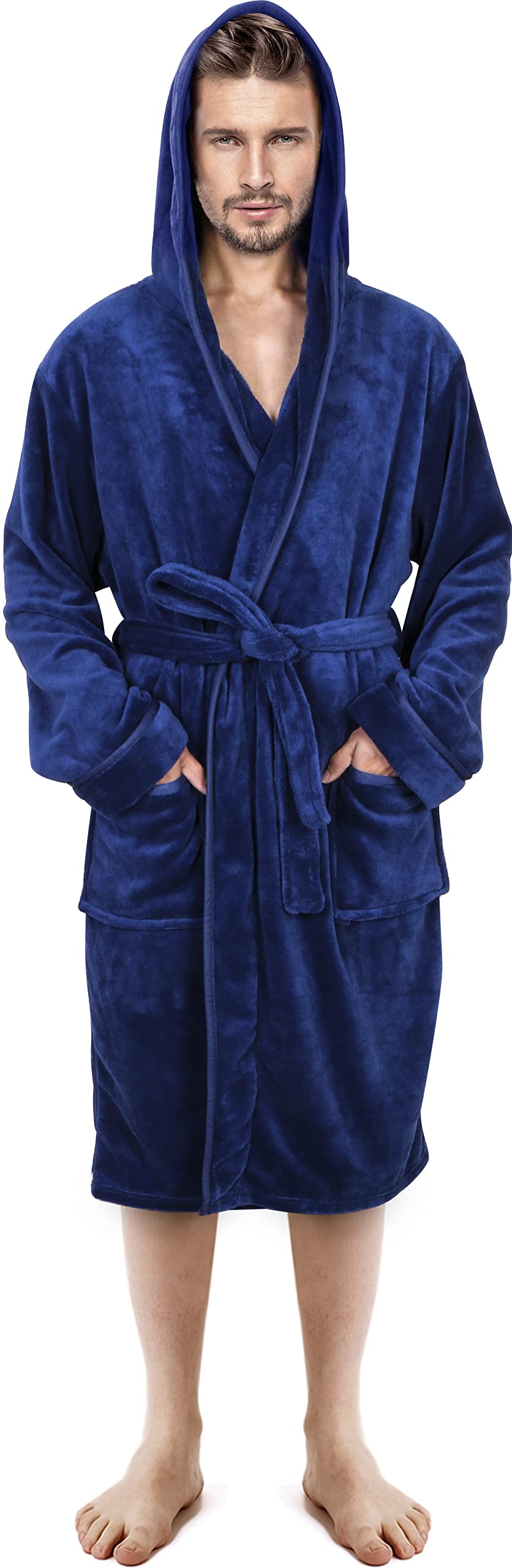 NY ThreadsLuxury Men’s Hooded Dressing Gown Super Soft Men’s Fleece Robe Cozy Hooded Plush LoungewearOEKO-TEX STANDARD 100