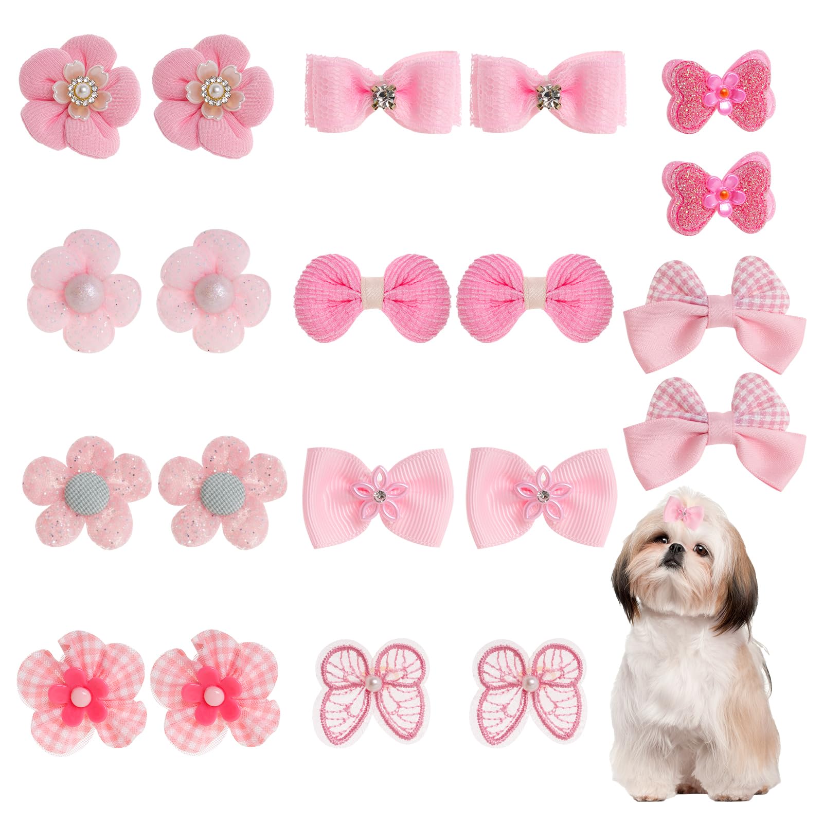 20Pcs Light Pink Small Dog Hair Bows Cute Puppy Dog Bowknot Hair Bow Bulk with Rubber Bands Elastic Lace Rhinestone Pearls Hair Ties Mix Style Handmade Flower Bow Dog Cat (Light Pink, Cute pattern)