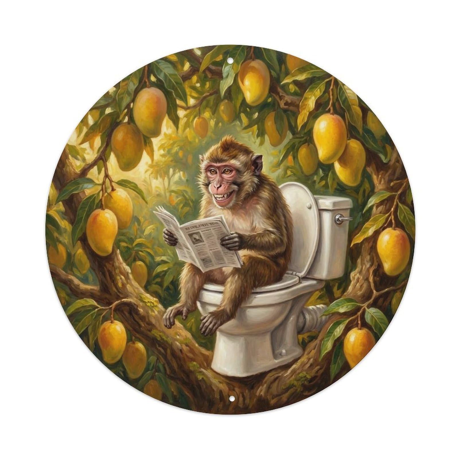 Monkey On Toilet Humorous Bathroom Mango Tree Branch Metal Tin Sign