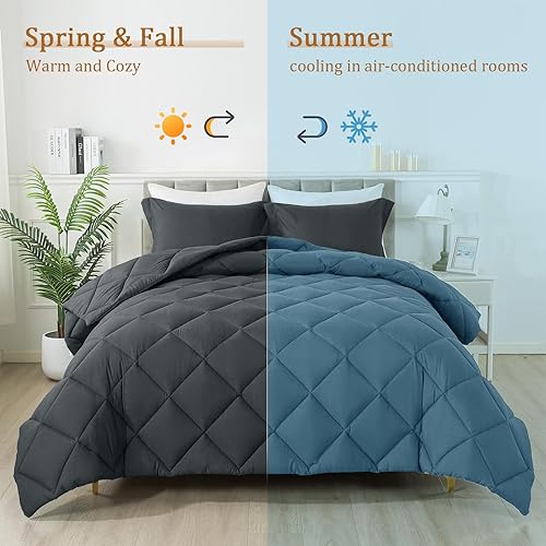 Miniatura 5 de HYLEORY Juego de edredón de tamaño individual con 1 funda de almohada, edredón de cama alternativo al plumón para todas las estaciones, ligero,