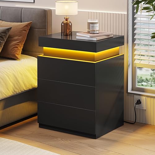 Nightstand with Charging Station and LED Lights, Led Nightstand with Sliding Top, Bedside Table with Drawers, Modern End Table Side Table with USB Ports and Outlets (Black)