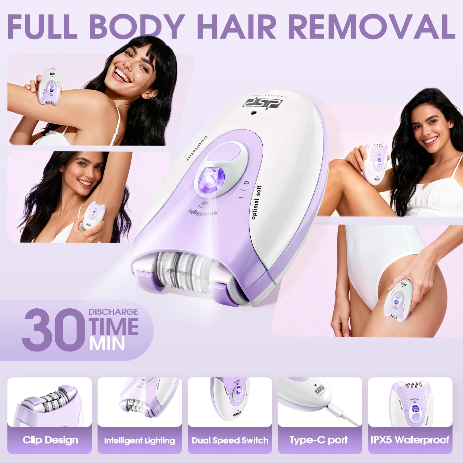 DSP dispositivo de depilación para mujeres, recortador de cejas para mujeres, 2 niveles de velocidad para depilación, recortador de vello para piernas, rostro, zona del bikini y brazos, afeitadora fac
