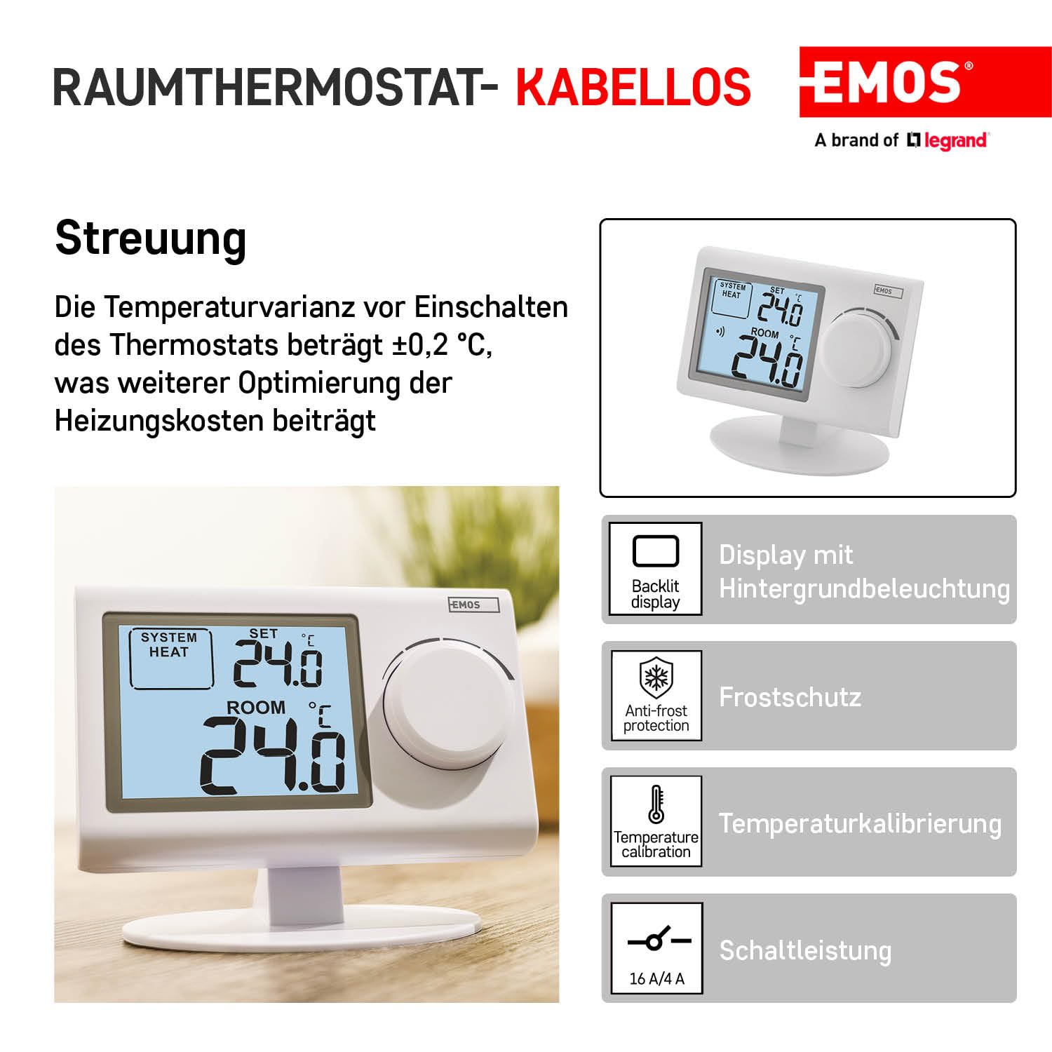 Emos - Termostato interior electrónico inalámbrico para sistema de calefacción y refrigeración