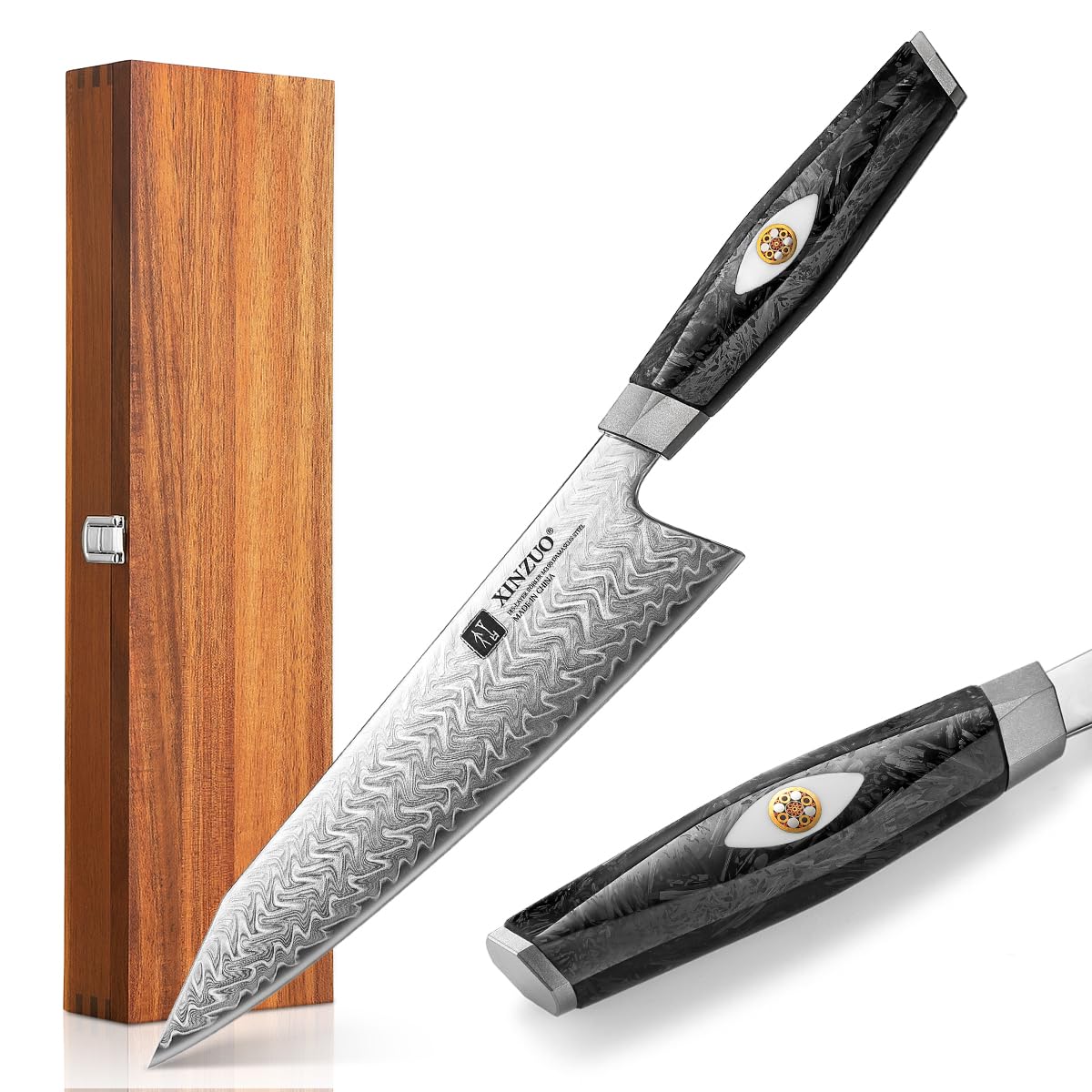 XINZUO 21,5cm Coltello da Cuoco Acciaio Damasco a 145 Strati Forgiato a Mano Professionale Coltello da Chef da Cucina -Acciaio in Polvere M390 Austriaco -Manico in Resina di Fibra di Carbonio Nera