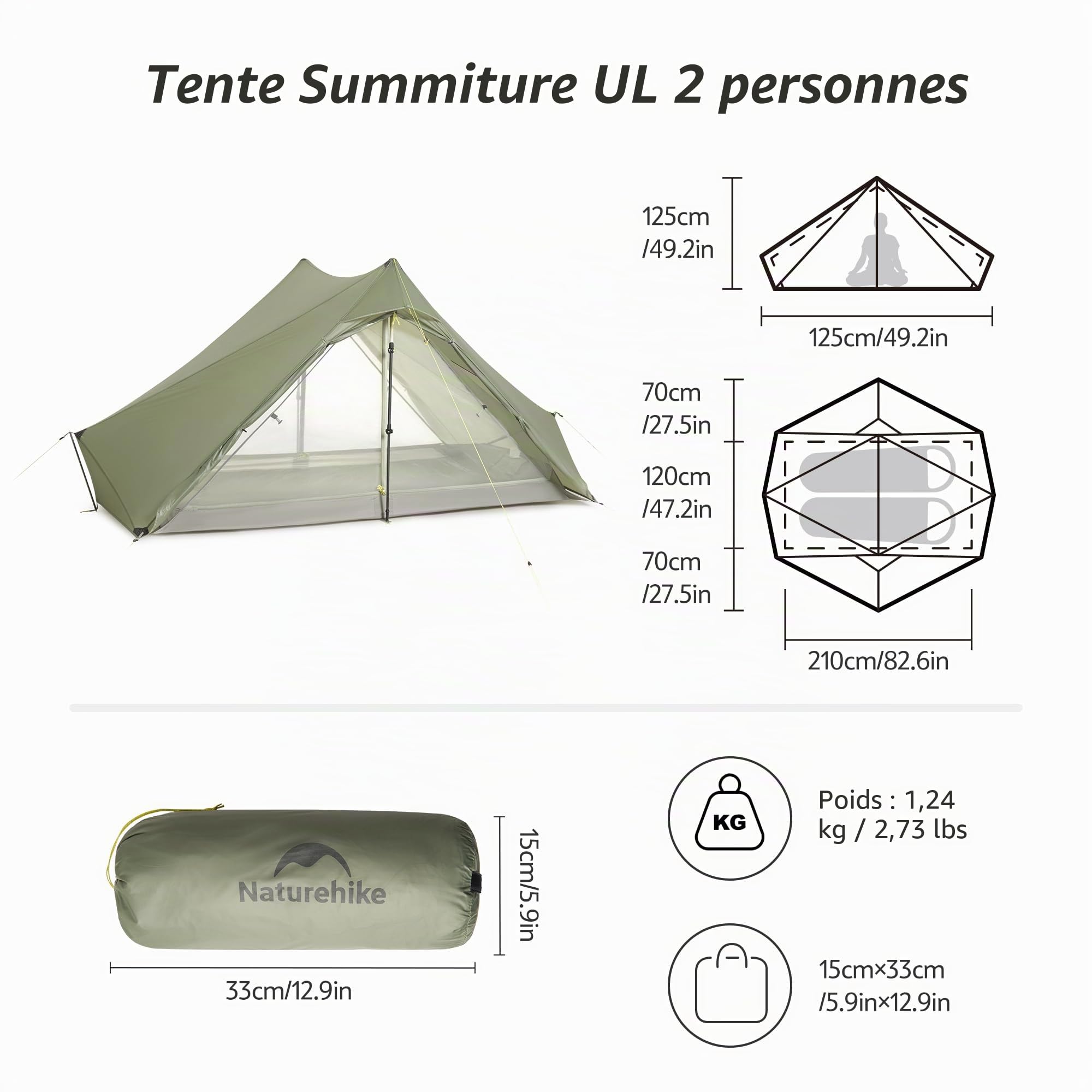 Naturehike Tente Summiture UL Tente de Randonnée Ultralégère pour 2 Personnes 3 Saisons Résistante au Vent et à l'eau 5 Modes d'installation pour la Randonnée Le Camping l'escalade