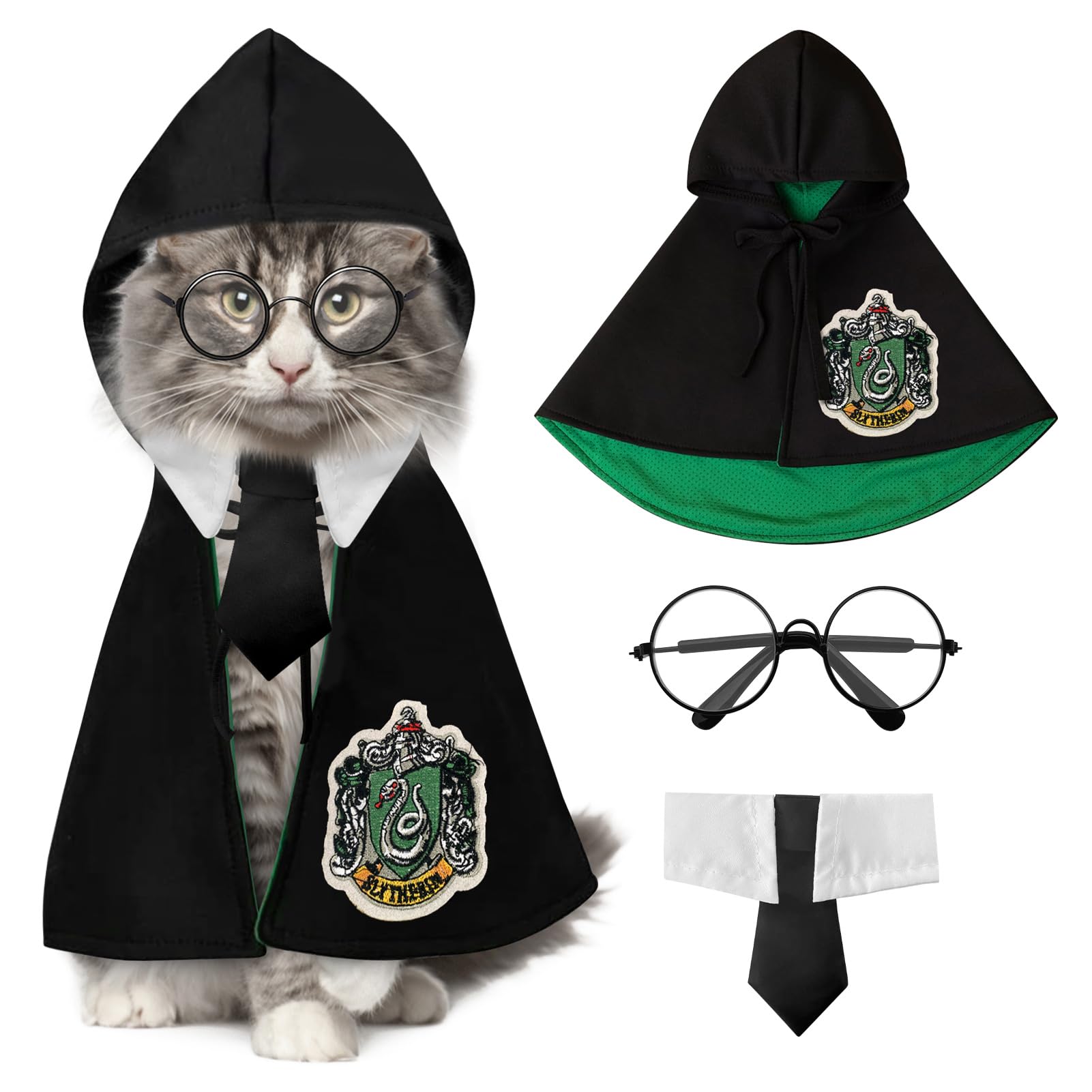 Halloween Dog Cat Costume Cape: Pet Wizard Apparels Cosplay Costume Set Soft Hoodies with Glasses Neckties Dog Outfit Pet Halloween Apparels (Green, Large) — image 1