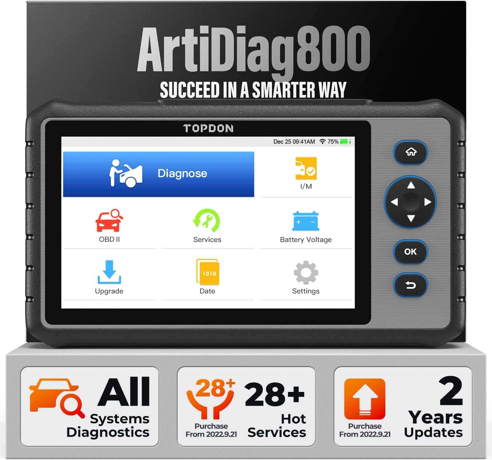 TOPDON TT Car Diagnostic Tool ArtiDiag800, All Systems Scanner Tool with 28 Reset Services, ABS/SRS/EPB/TPMS, AutoVin, 2 Year Free Update (Purchase After 2022.9.21)
