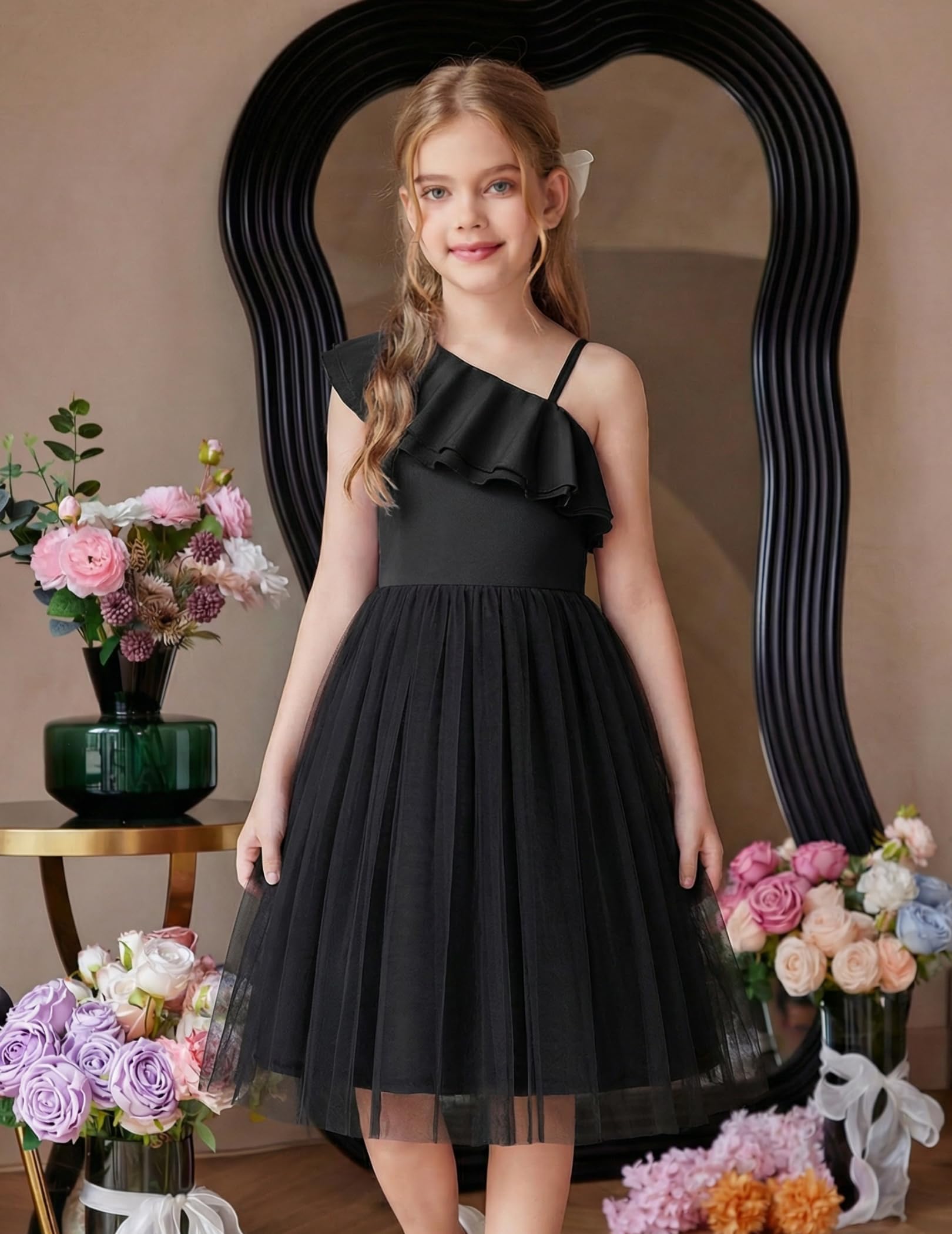 Arshiner Robes pour Filles sans Manches Enfants Encolure Asymétrique Tulle à Fines Bretelles Volants Robe de Cérémonie