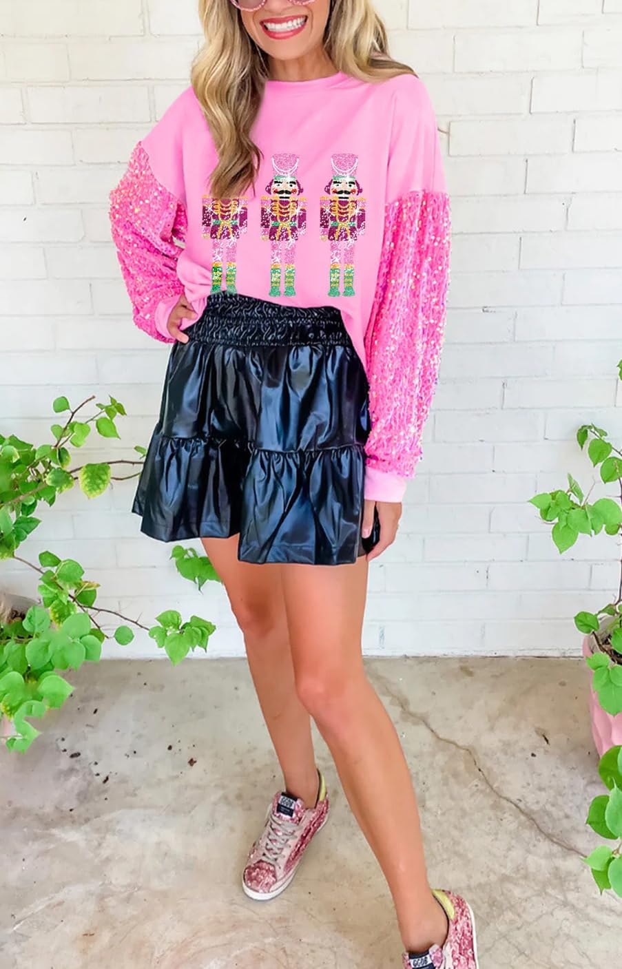 KMBANGI Women Cute Santa Sweatshirt Christmas Sparkly Sequin Print Shirt Crewneck Long Sleeve Pullover Sweatshirts Tops - Image 6