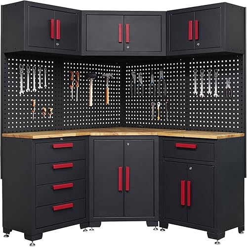 Sistema de almacenamiento de armario de garaje rojo, juego de taller de esquina de 10 piezas, armario de garaje y sistema de almacenamiento para