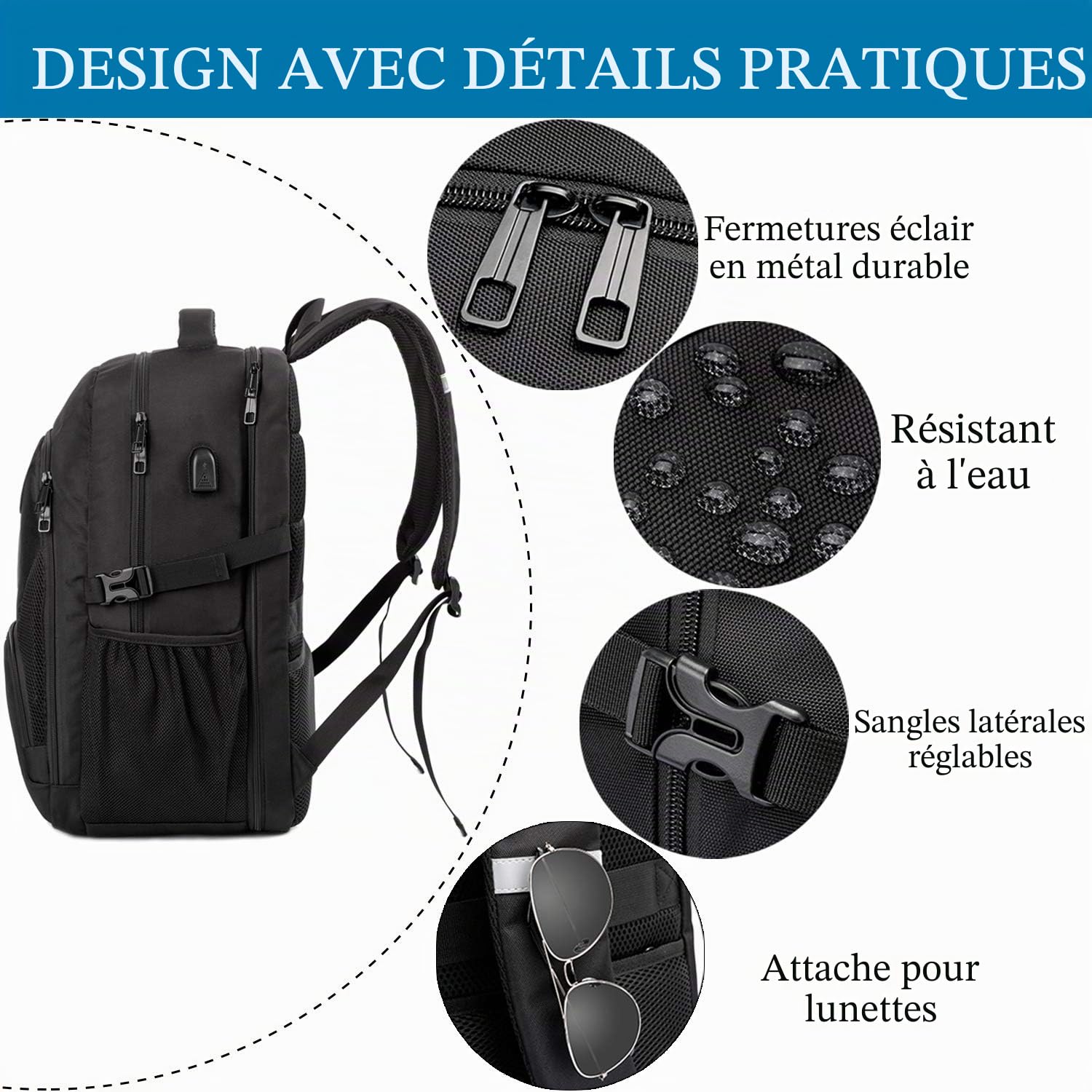 Sac à Dos Homme Grand 50L, Ordinateur Portable 17 Pouces Antivol Imperméable PC Portable avec Chargement USB Voyage Affaires pour Loisir Scolaire Collège - Noir