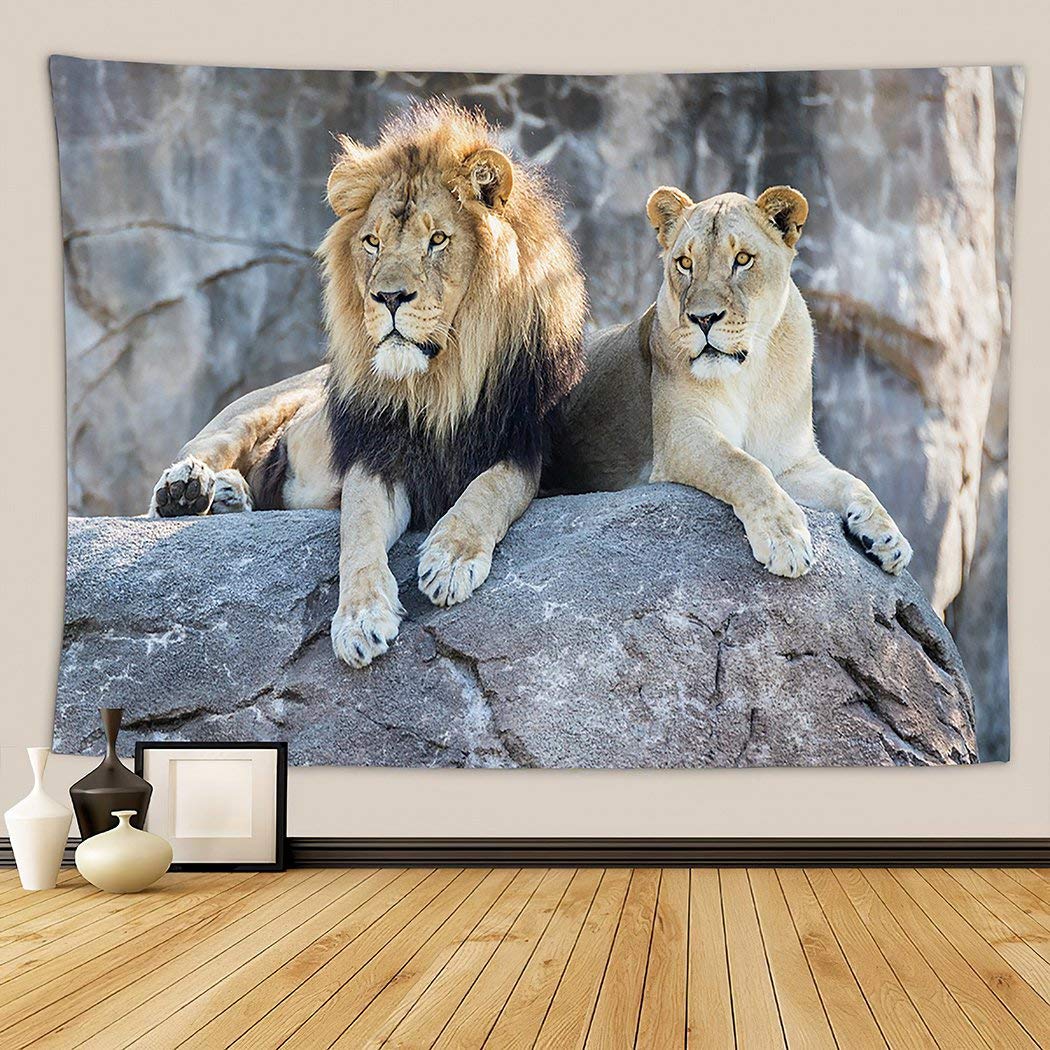 THE MINI CRUSH Yellow Tapestry,Zoo Male and Female Lion Sitting On Rock Lioness,Wall Hanging Mass Wa