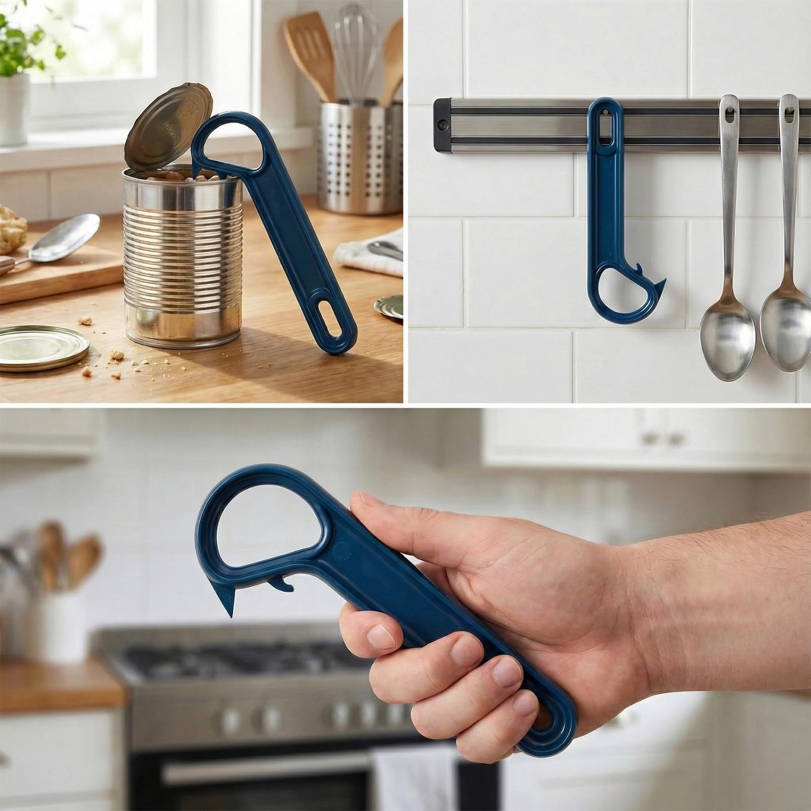 Zugring Apriscatole a forma di J con linguetta ad anello, apriscatole manuale, apribottiglie ergonomico, blu