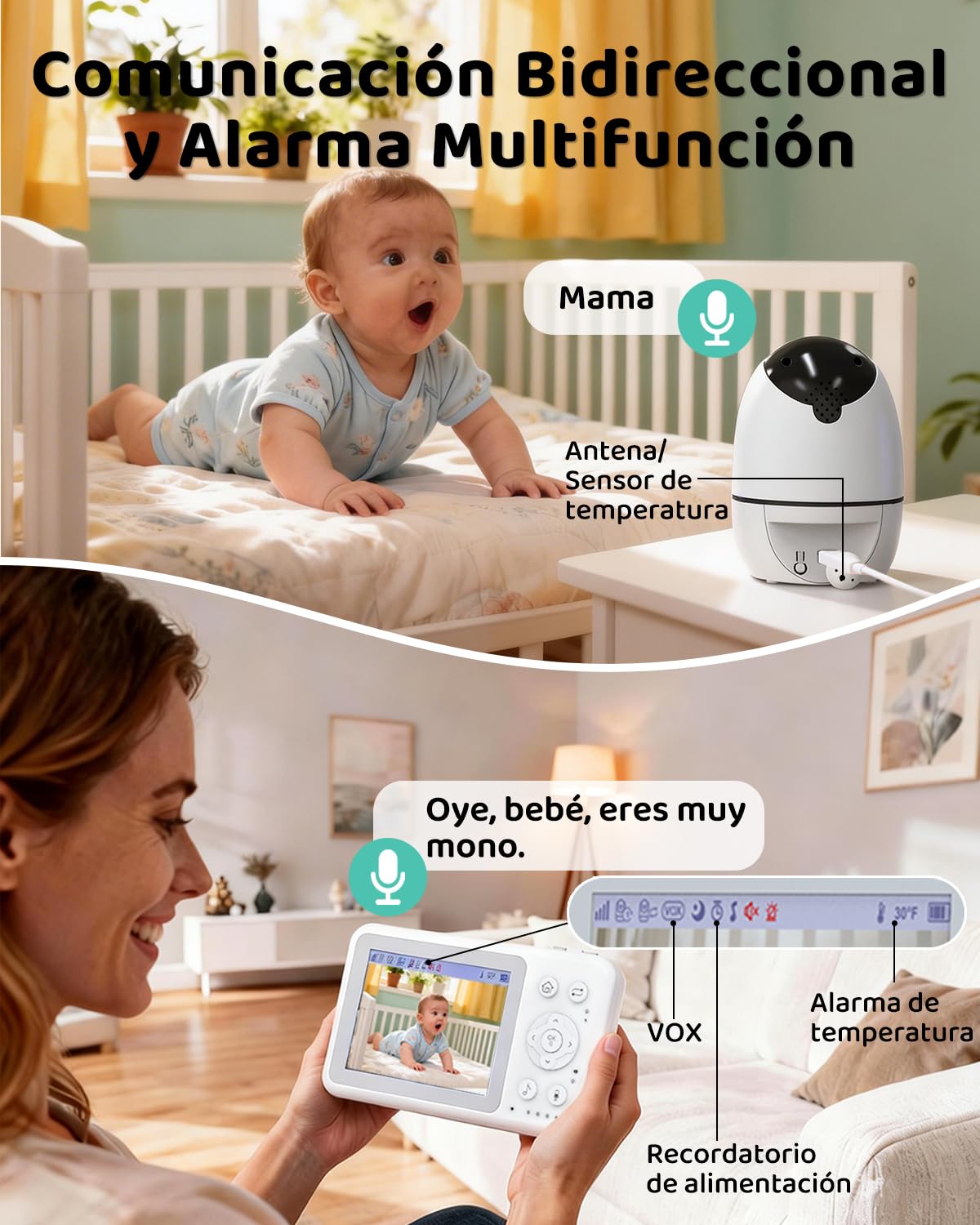 Zeerkeer Camara Vigilancia Bebe sin WiFi, 3.2” Vigilabebés con Cámara, Monitor para Bebé con Visión Nocturna Infrarroja, Audio Bidireccional, VOX Detección de Llanto, Monitoreo de Temperatura