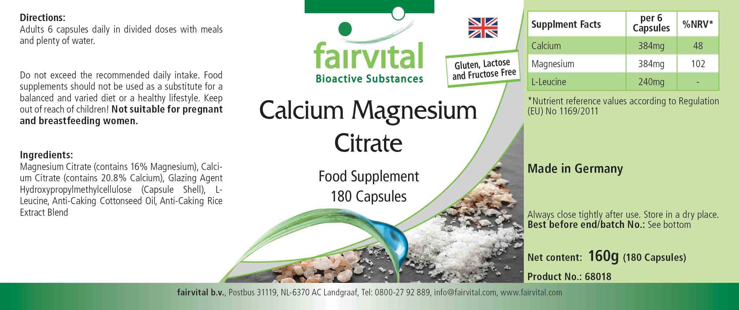 fairvital Citrato de calcio y magnesio, 180 cápsulas, ALTA DOSIS, cápsulas de calcio y magnesio, VEGANAS