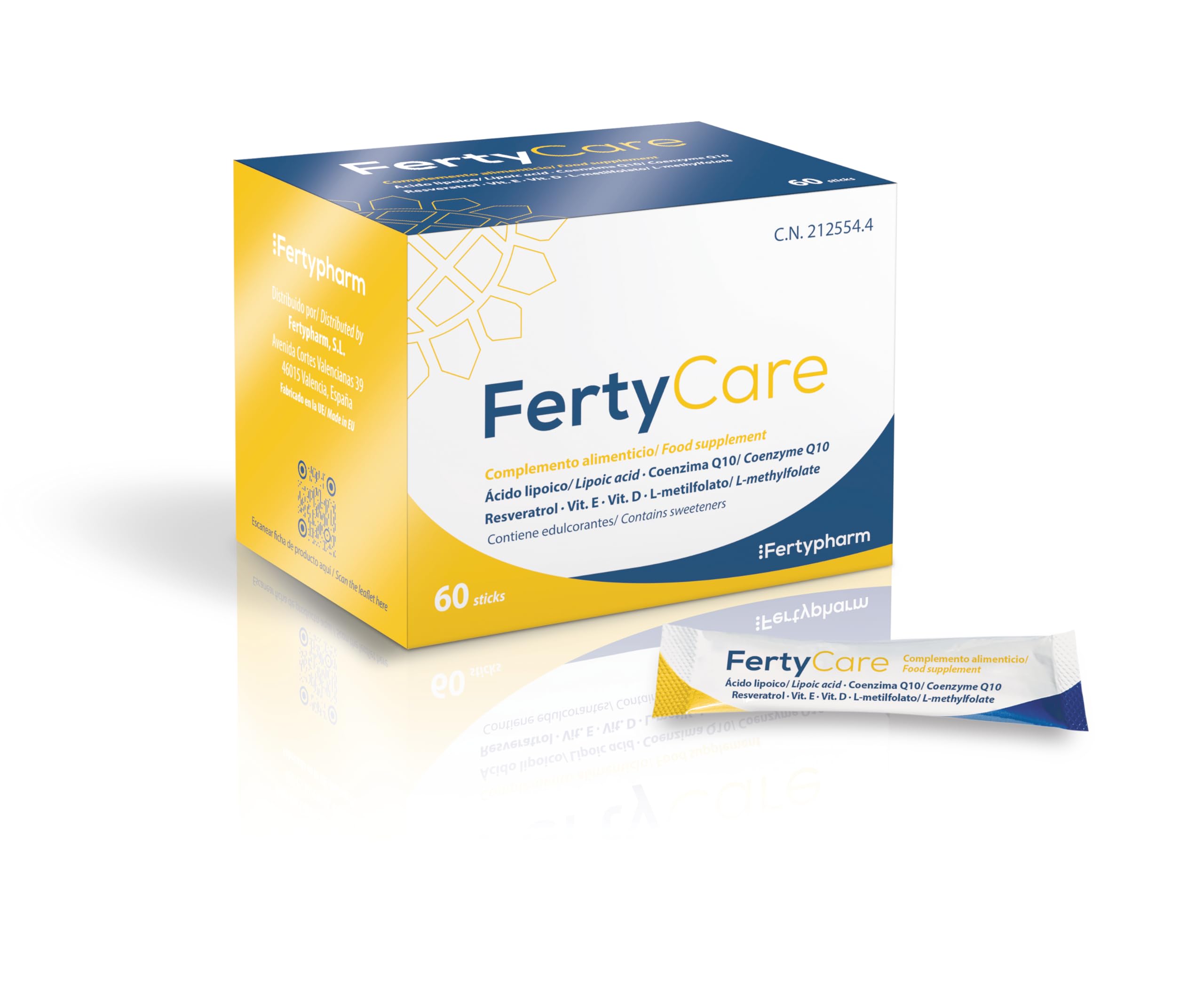 FERTYCARE | Complemento alimenticio | Ácido lipoico, Coenzima Q10, Resveratrol, Vitamina D, Vitamina E y Ácido fólico (L-metilfolato)| 60 sticks