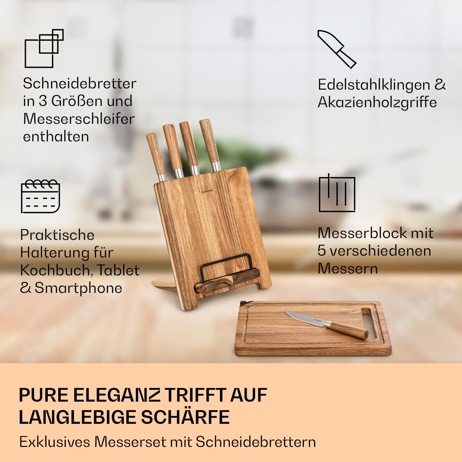 Klarstein Küchenmesser Set mit Messerblock Selbstschärfend, Messerset mit Akazienholz-Messerblock, 5 Scharfe Messer, Kratzfeste Edelstahl-Messer Küchenmesser im Japanischen Stil