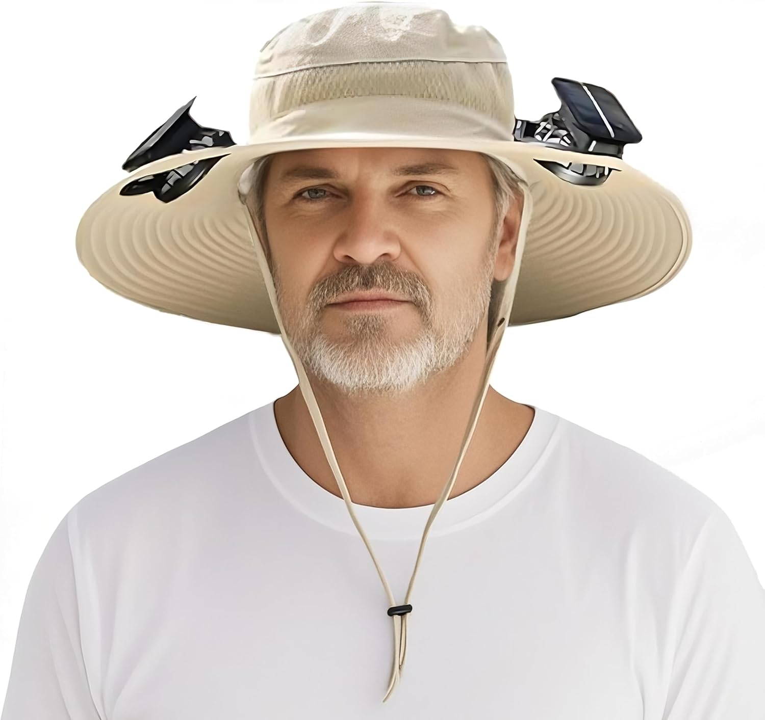 Wide Brim Solar Fan Hat, Outdoor Sun Hat with 2 Solar Power Fan for Men Women UPF 50+ Breathable Bucket Fishing Hat
