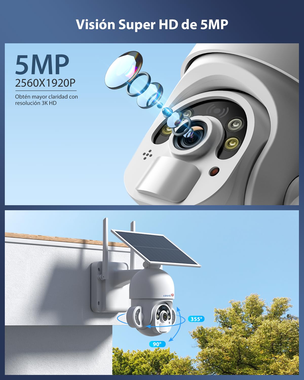 Ctronics Cámara Vigilancia Exterior con Panel Solar 6W, Cámara PTZ 3K 5MP | HD, Detección PIR y Humana, 10 Focos LED, Visión Nocturna en Color, Audio Bidireccional, FTP, Acceso Remoto por PC/Móvil